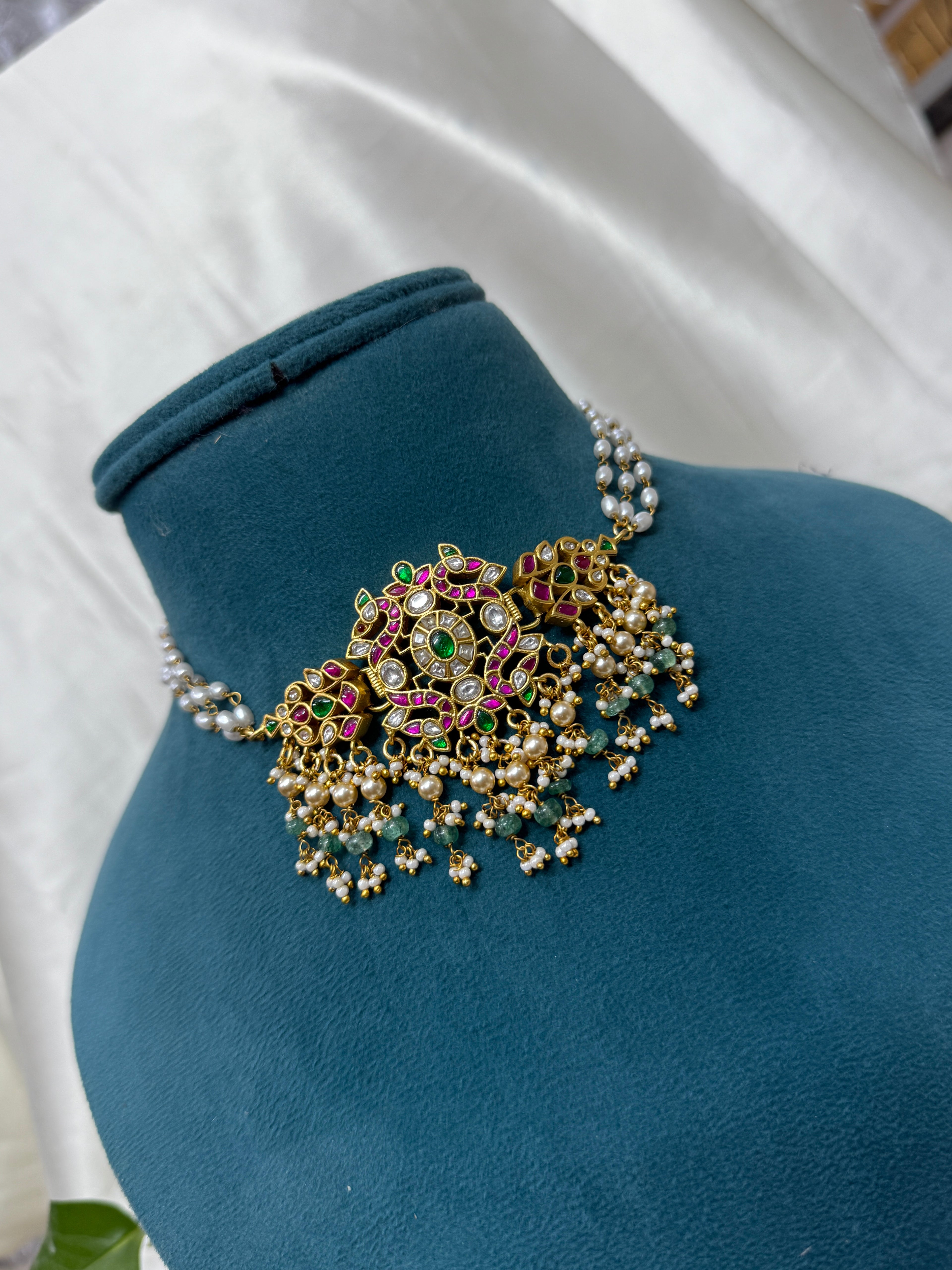 Ch025 jadau kundan dual peacock choker with rice pearls