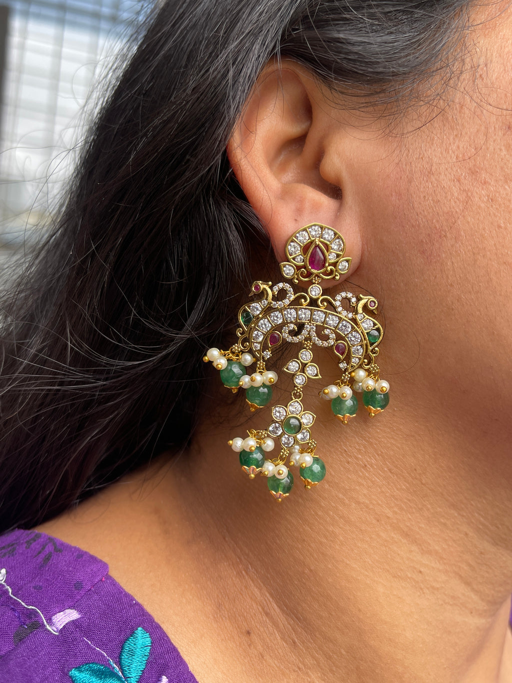 Green beads chandbali earrings