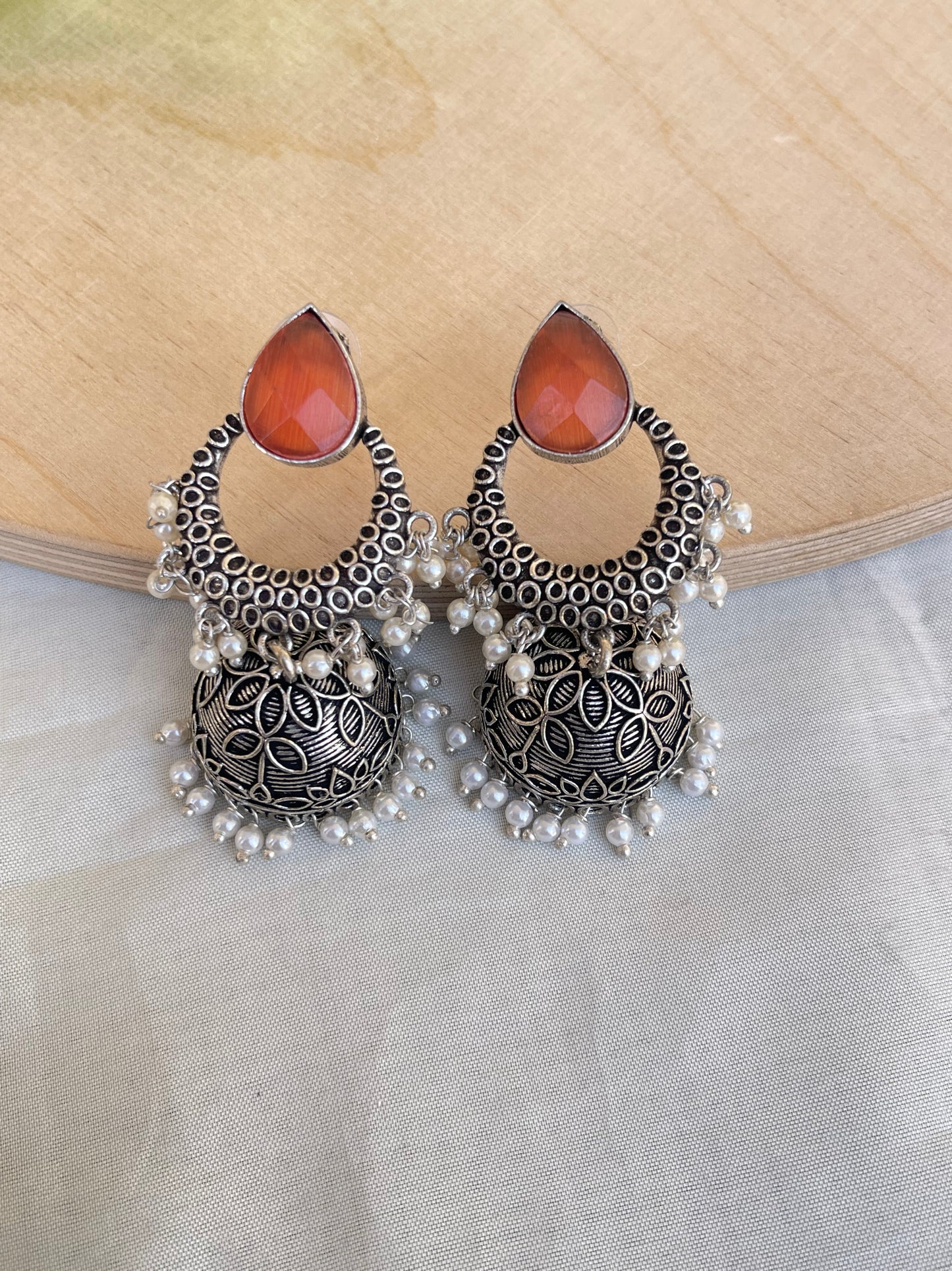 Chand butta pearl oxidised hanging lightweight earrings