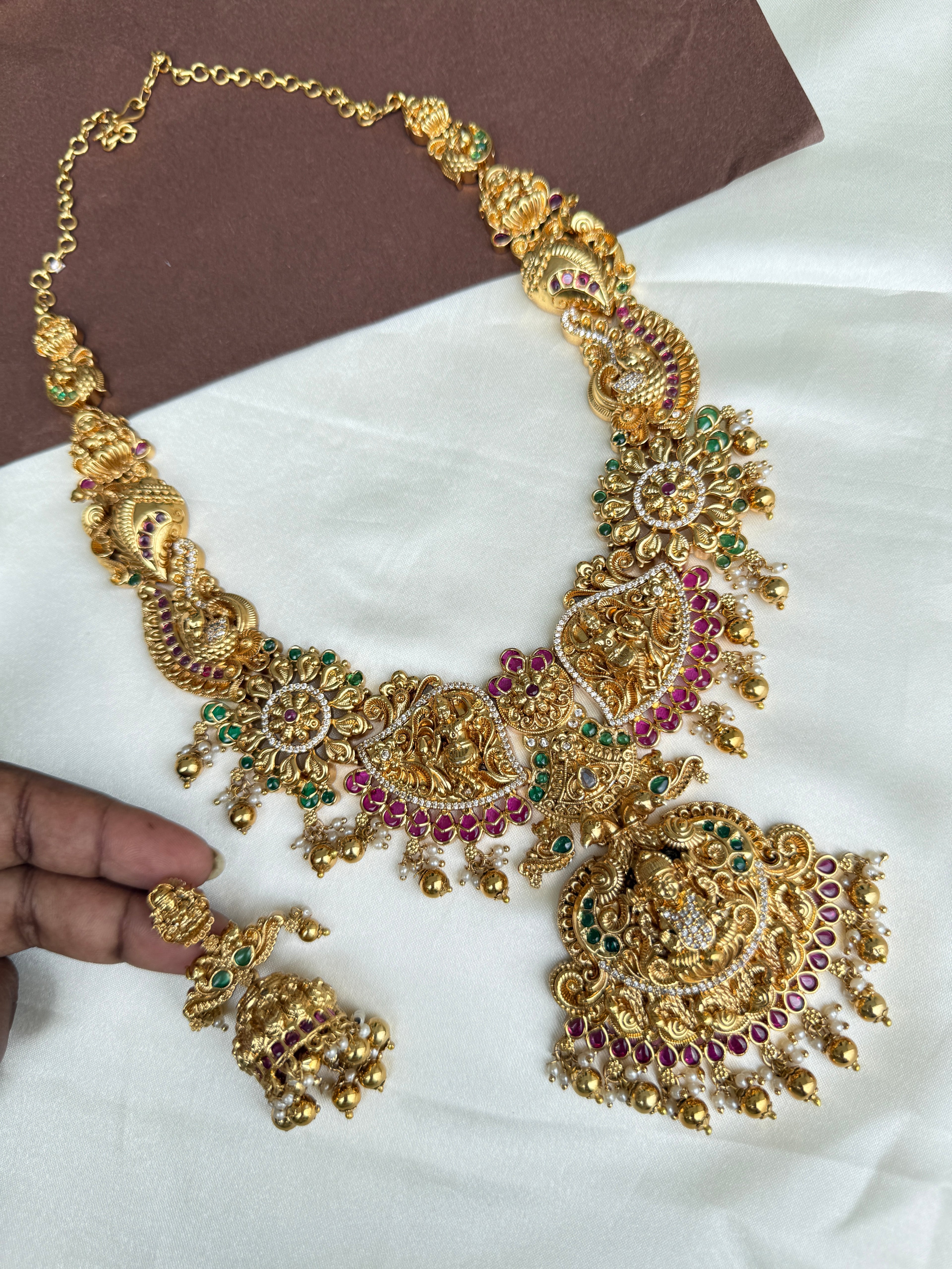 Lh2027 heavy Lakshmi Devi nakshi haram with kemp stones