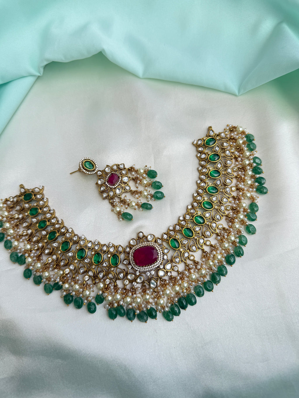 Emerald Green Kundan Choker Neckset with Ruby Pendant Pearl Drops with earrings  ns262
