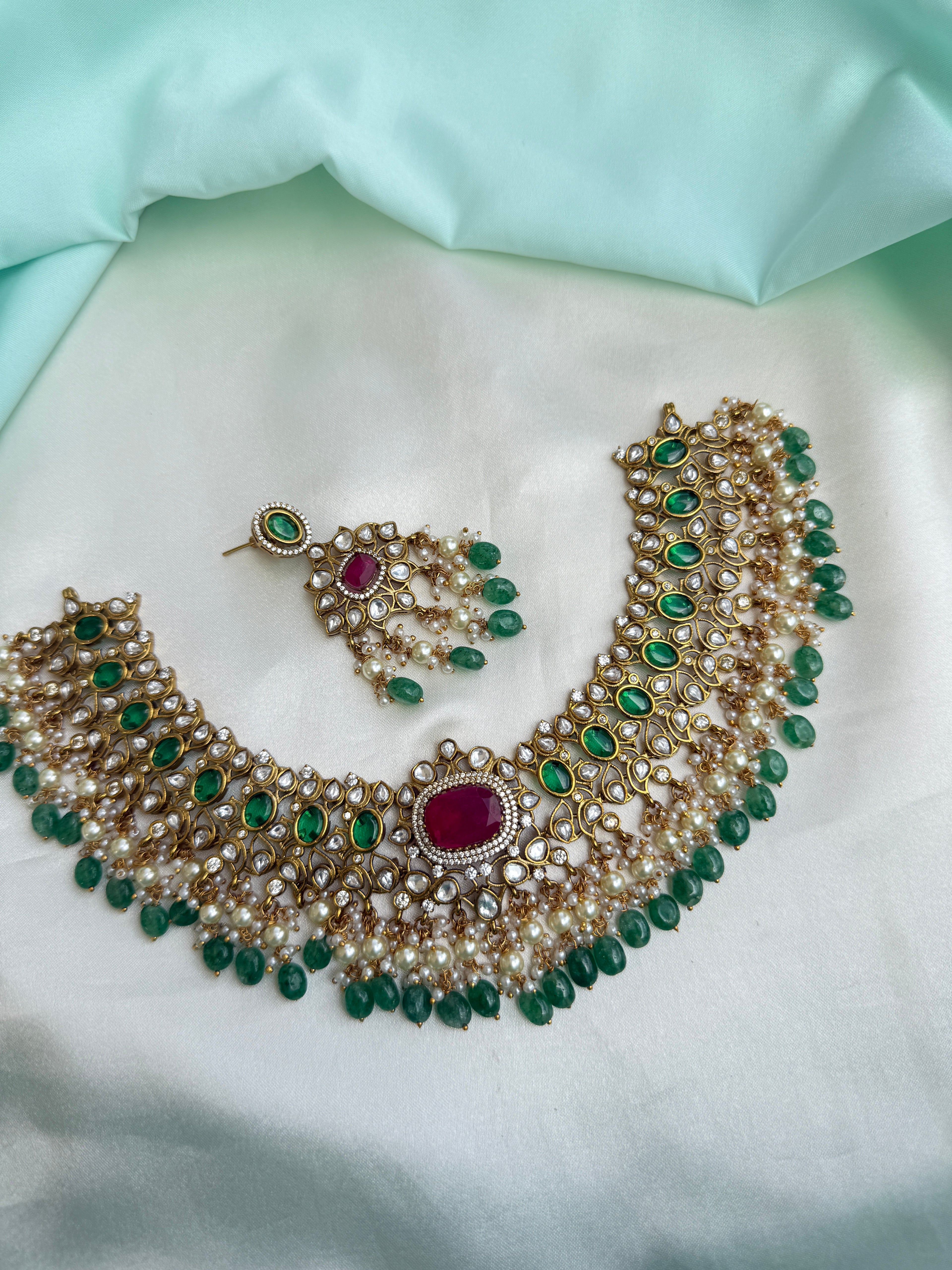 Emerald Green Kundan Choker Neckset with Ruby Pendant Pearl Drops with earrings  ns262