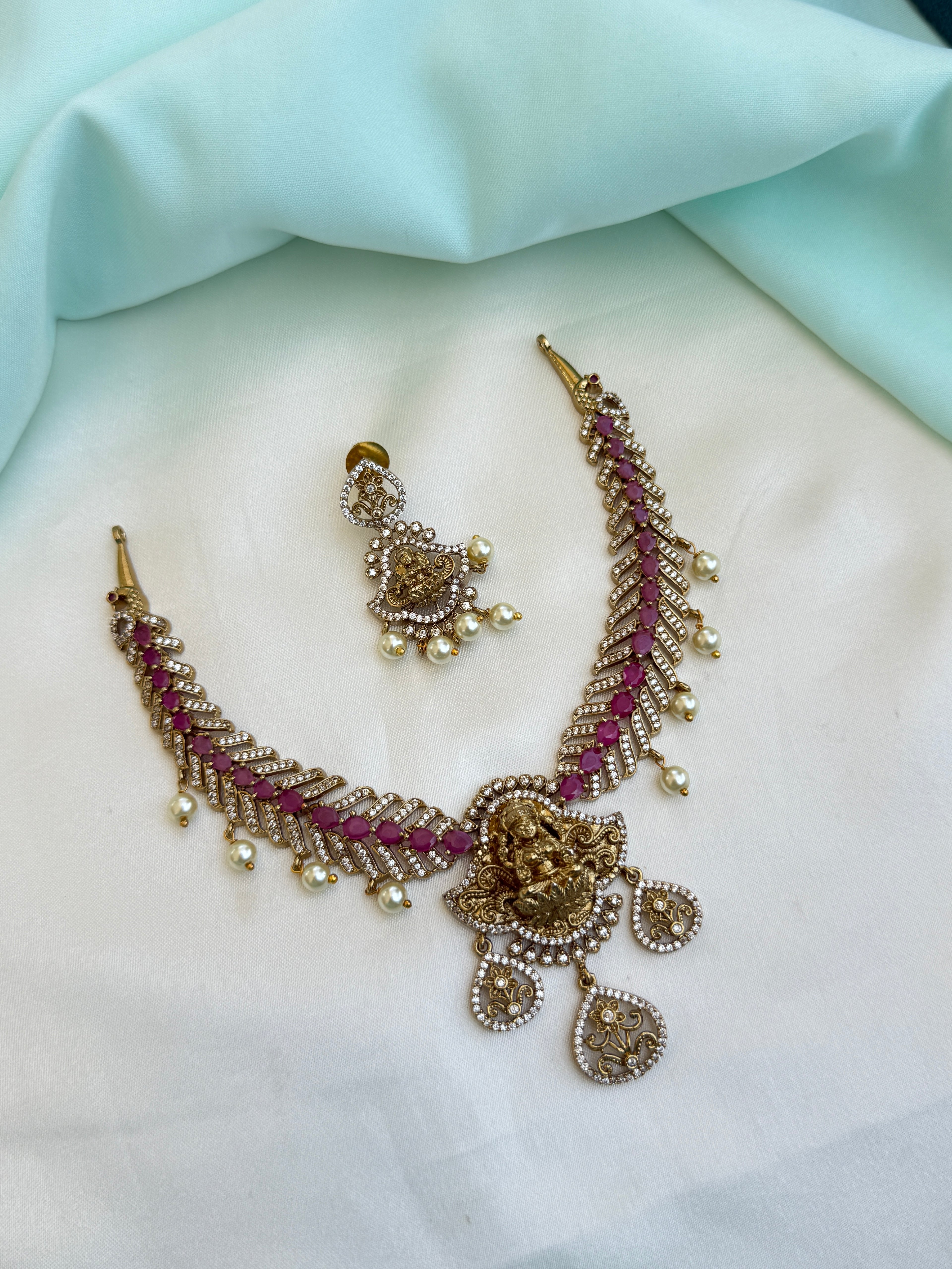 Ruby Stone Guttapusalu NeckSet Pearl Drops Lakshmi Devi pendantwith earrings ns306