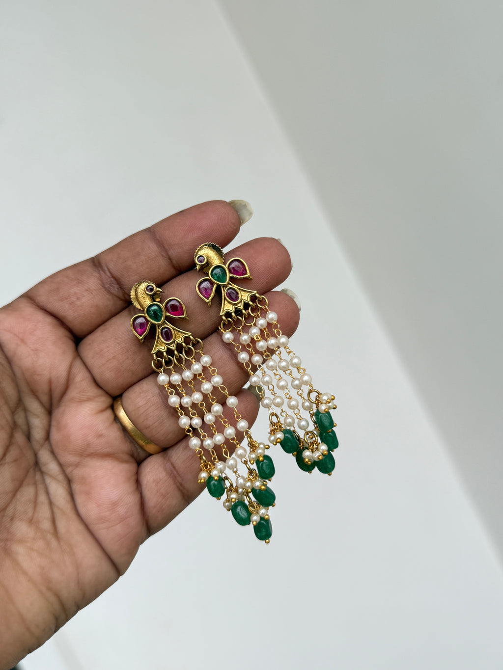 Er141 peacock kemp pearl hanging earrings