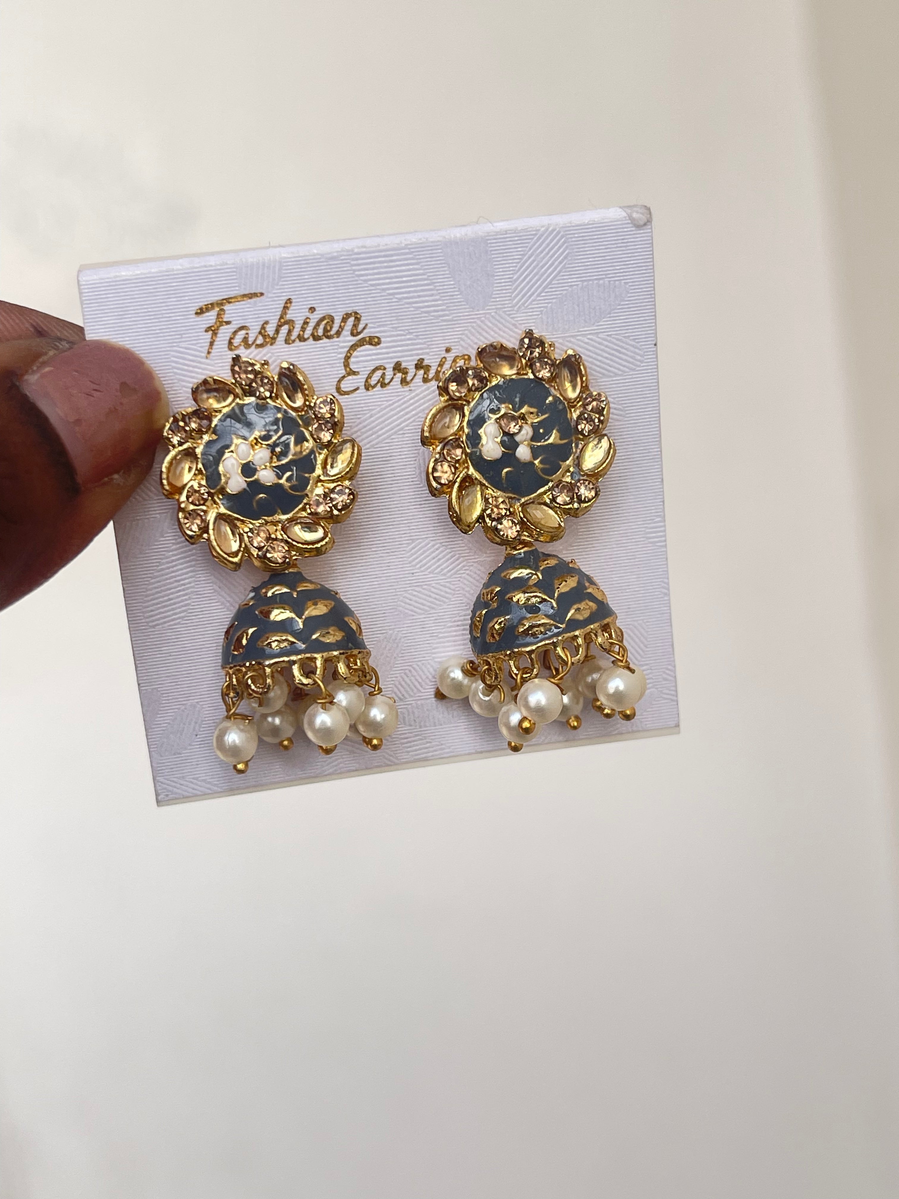 small Meenakari earrings in peacock green grey