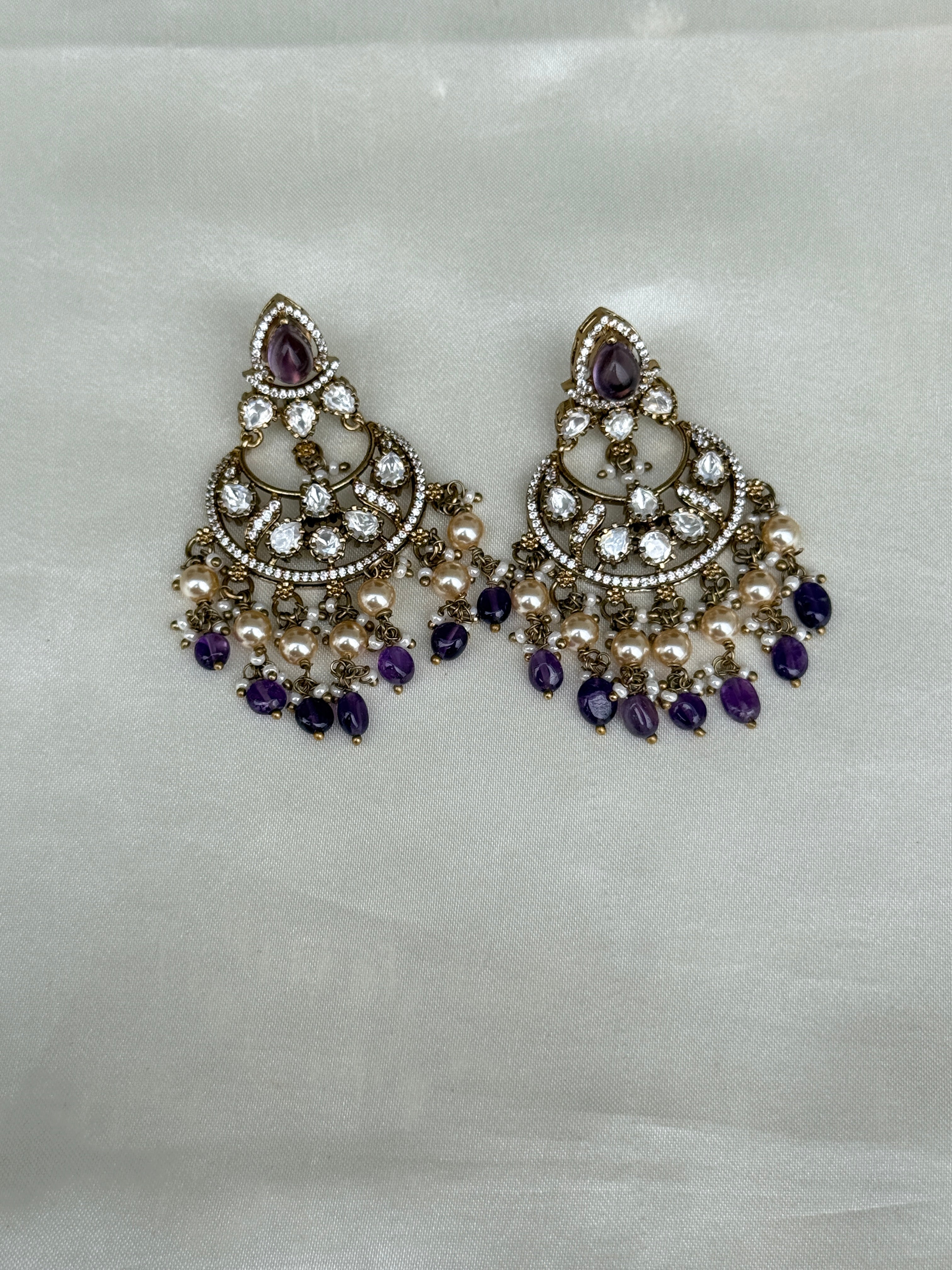 Er117 purple moissanite chandbali earrings
