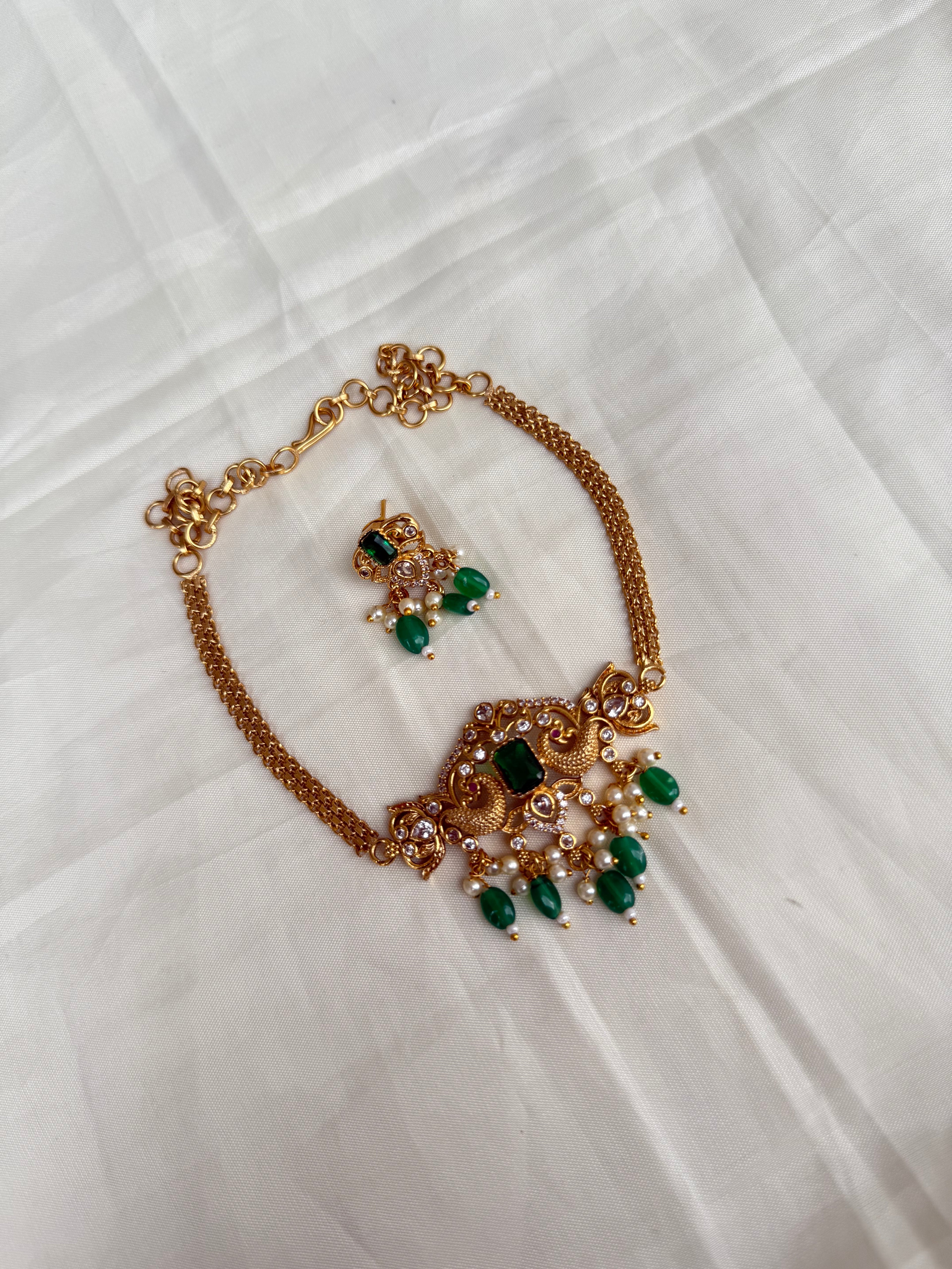 Dual peacock green beads choker with Earrings ch003