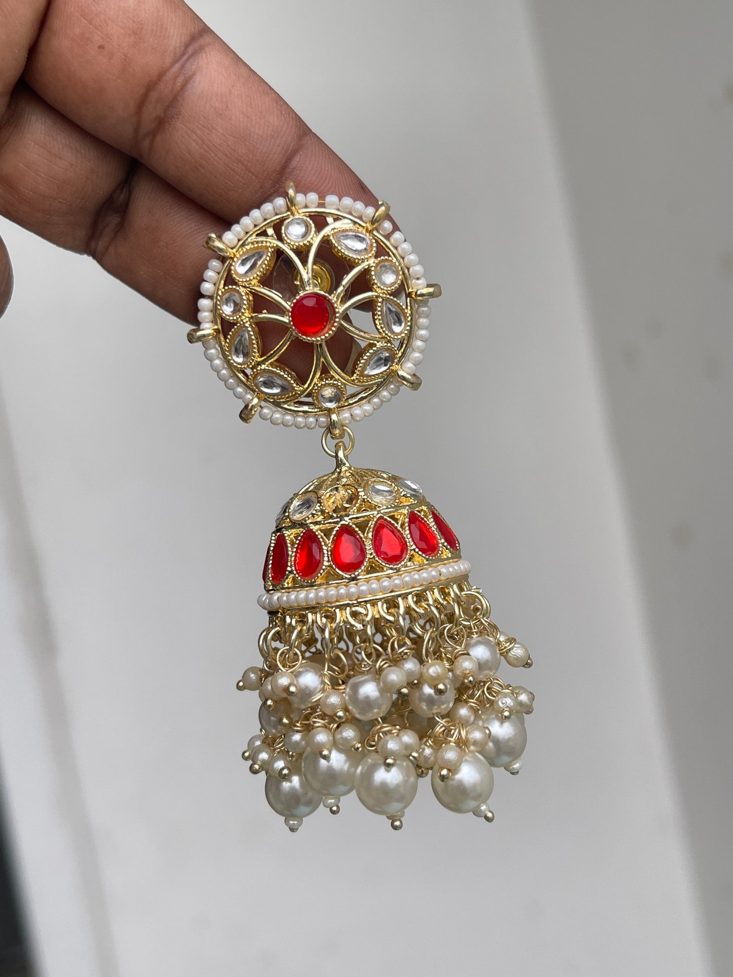 Pearl Kundan red blue butta Earrings