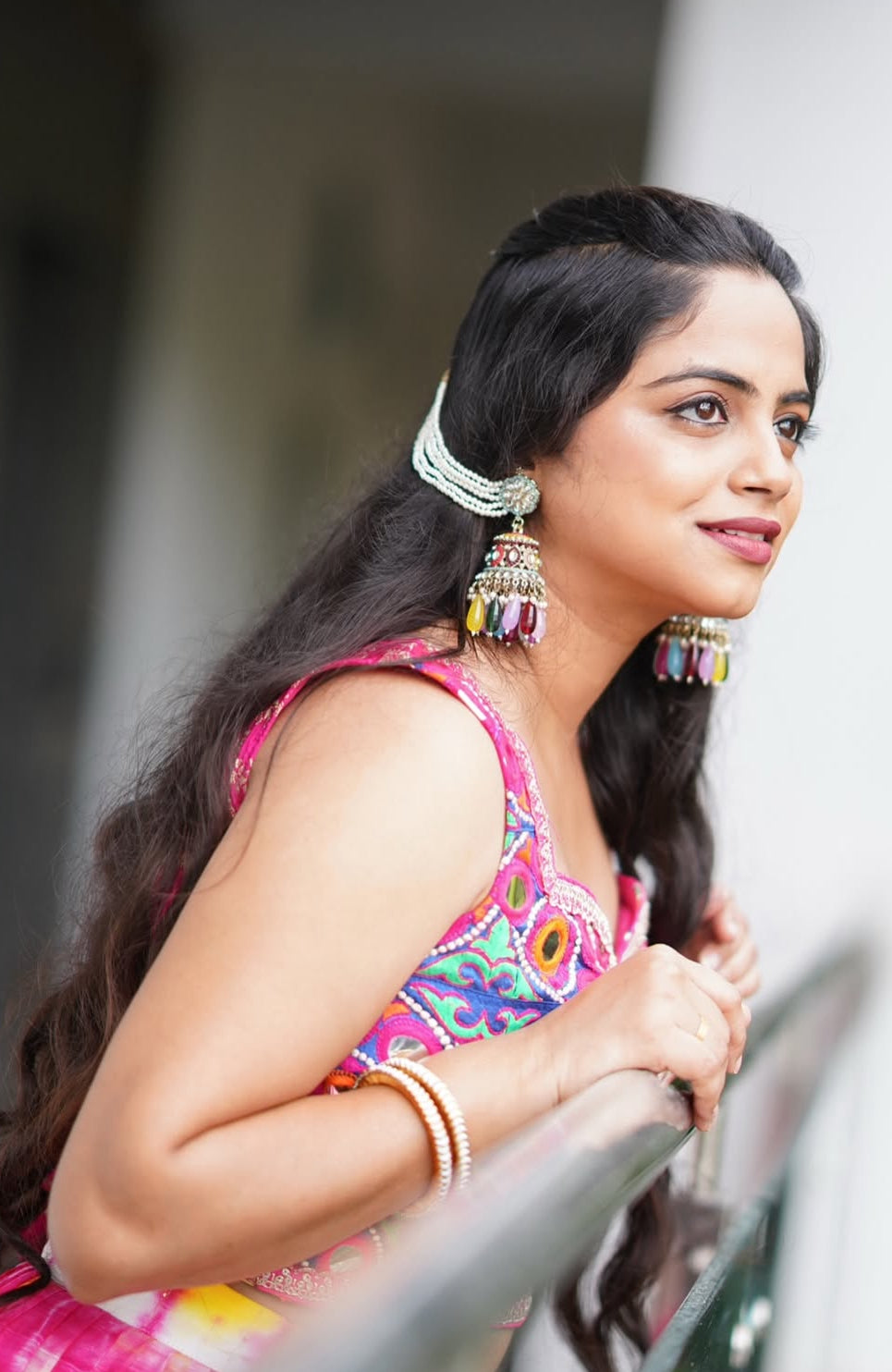 Mn064 multi Meenakari earrings with earchain