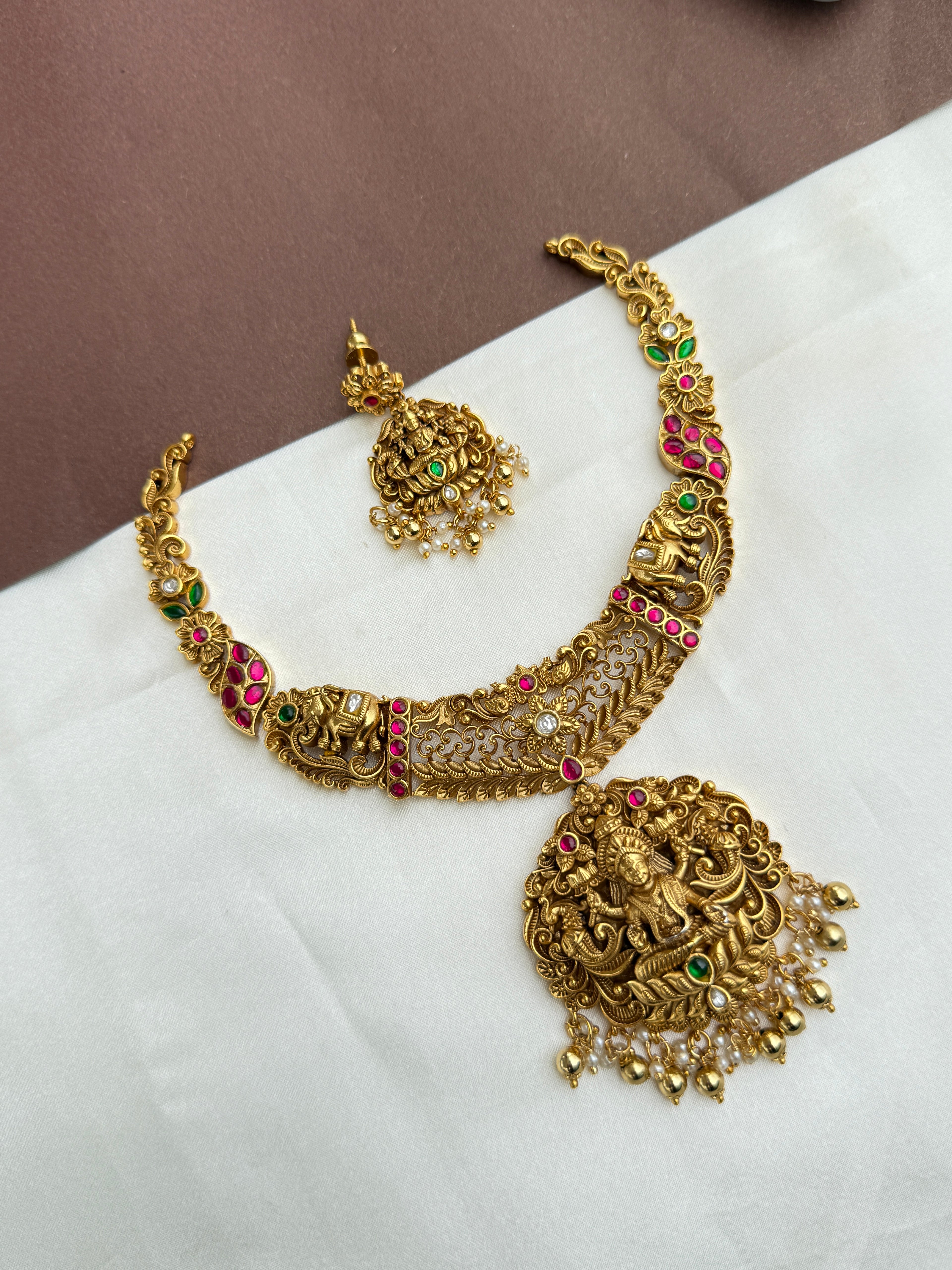Ns398 Lakshmi devi nakshi elephant jadau kundan neckset