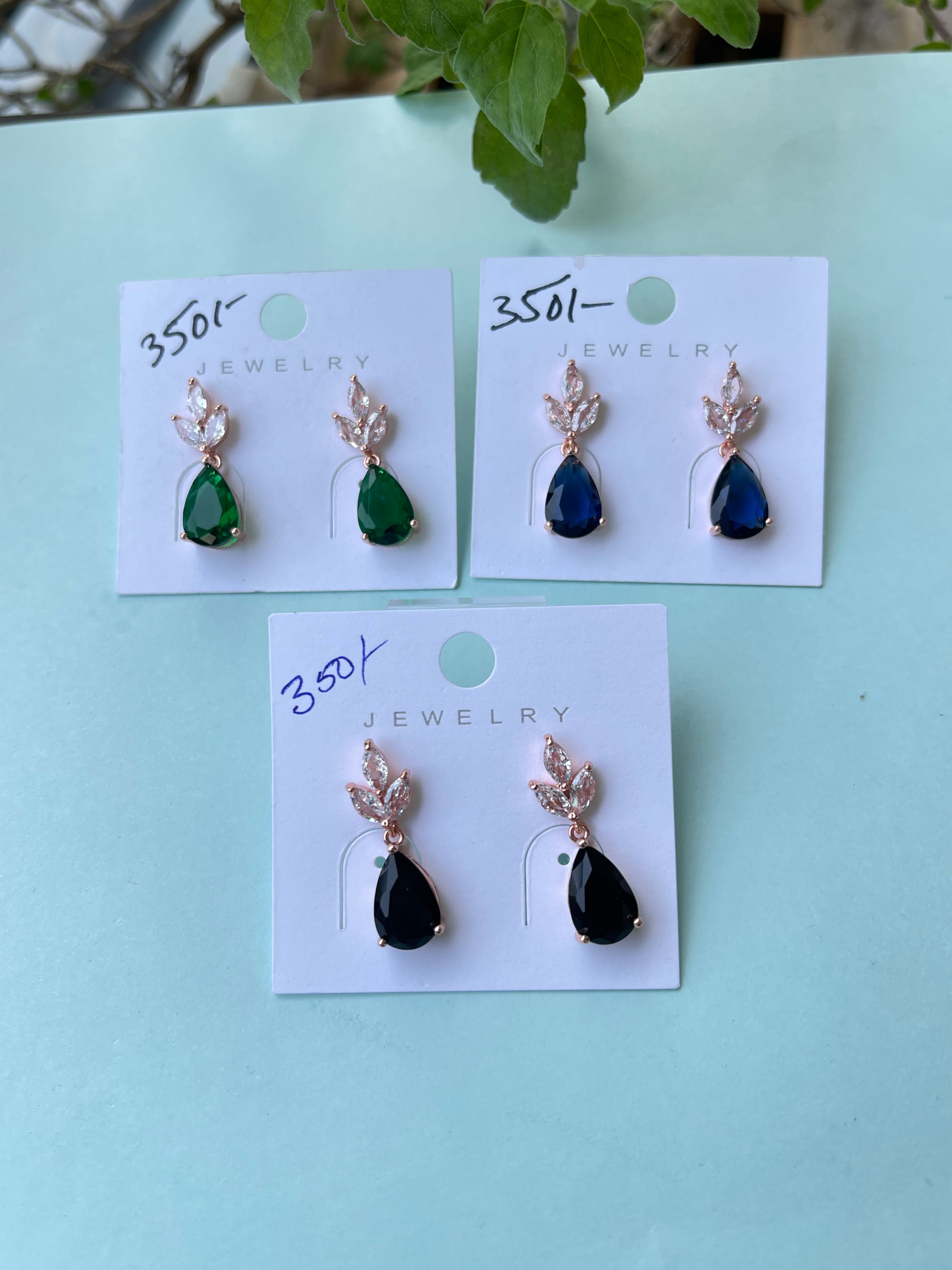 3 leaf stone drop hanging earrings