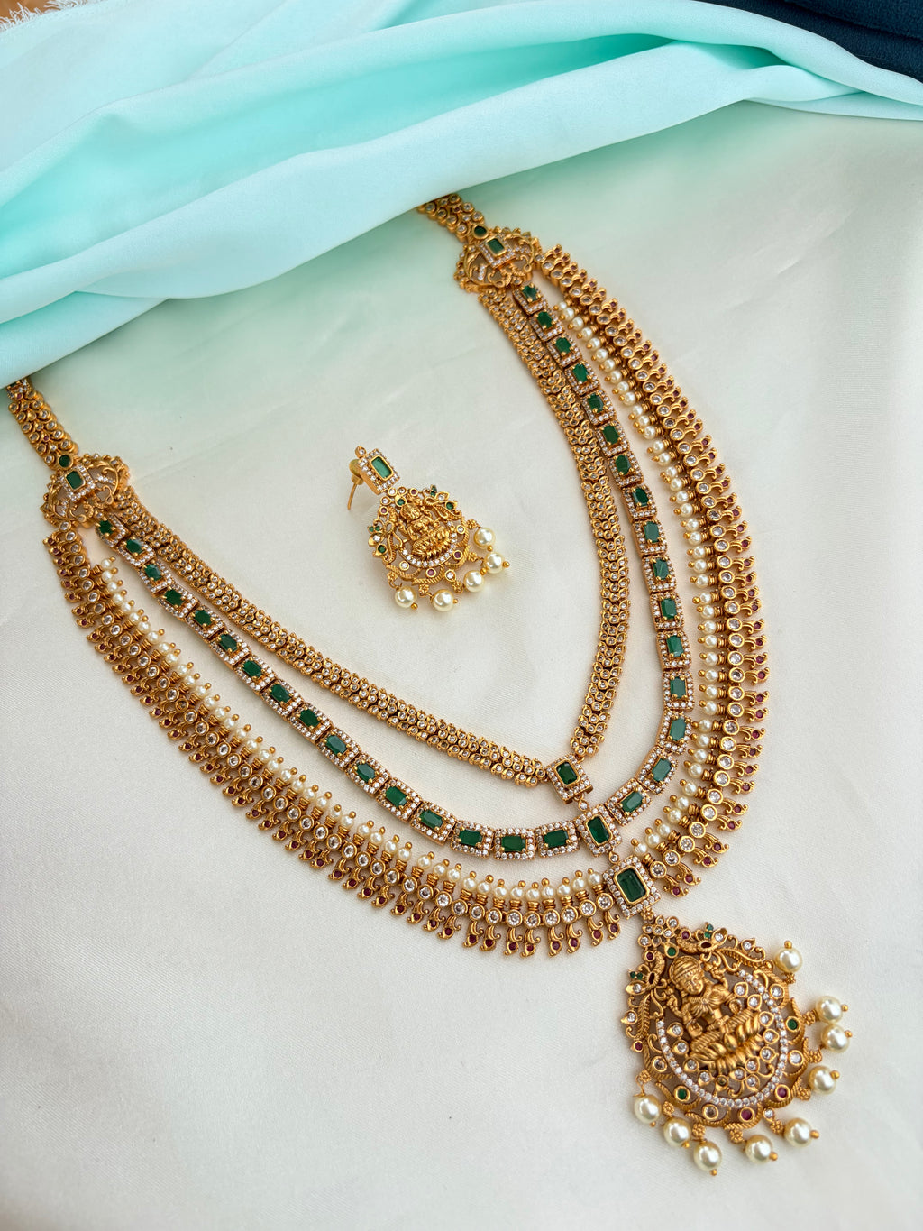 Premium Antique Finish Three-Layer Lakshmi Neckset with Earrings Ns929