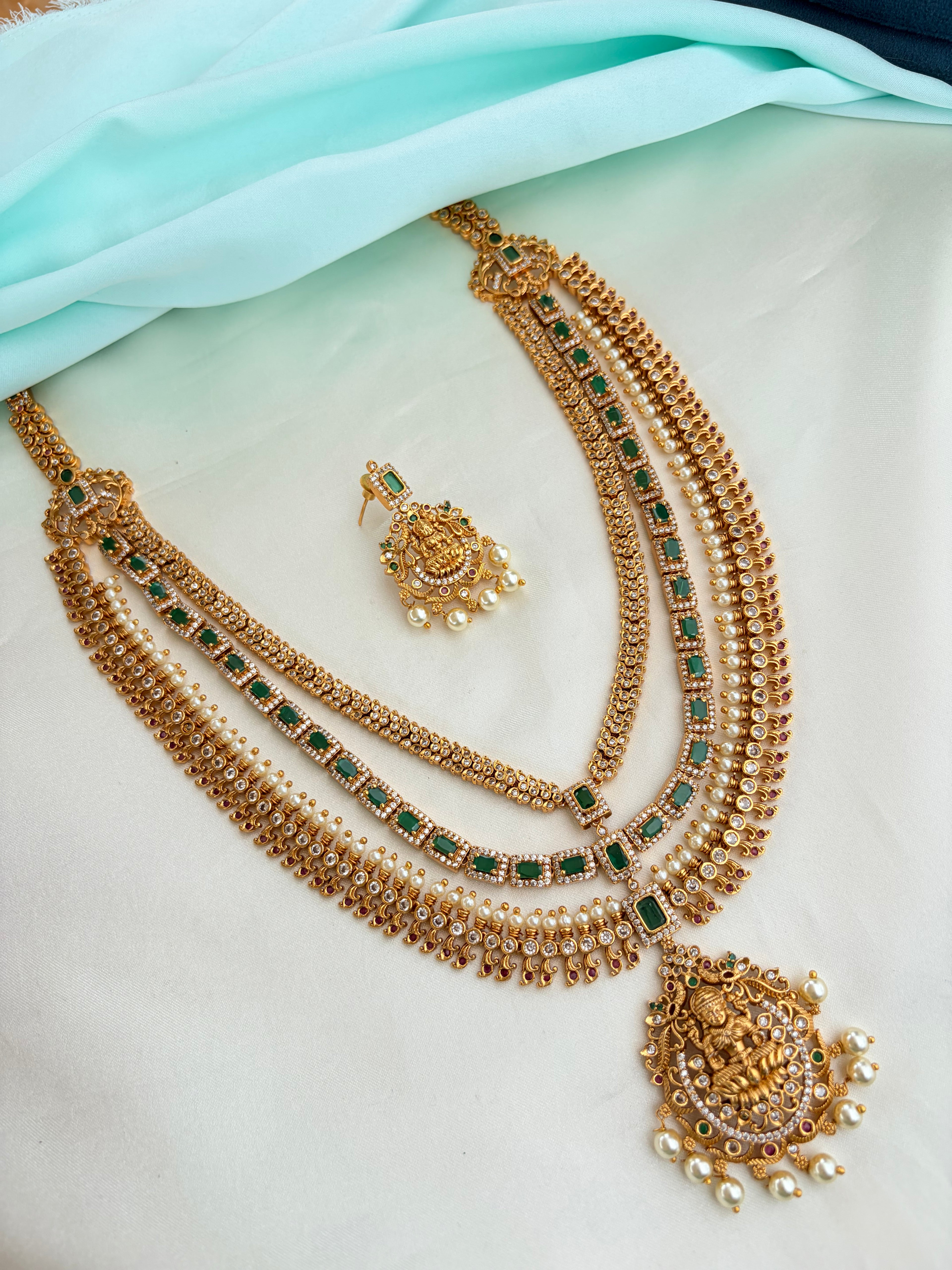 Premium Antique Finish Three-Layer Lakshmi Neckset with Earrings Ns929