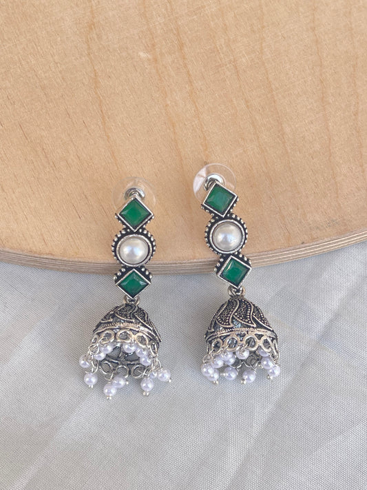 Lightweight pearl ruby green oxidised earrings