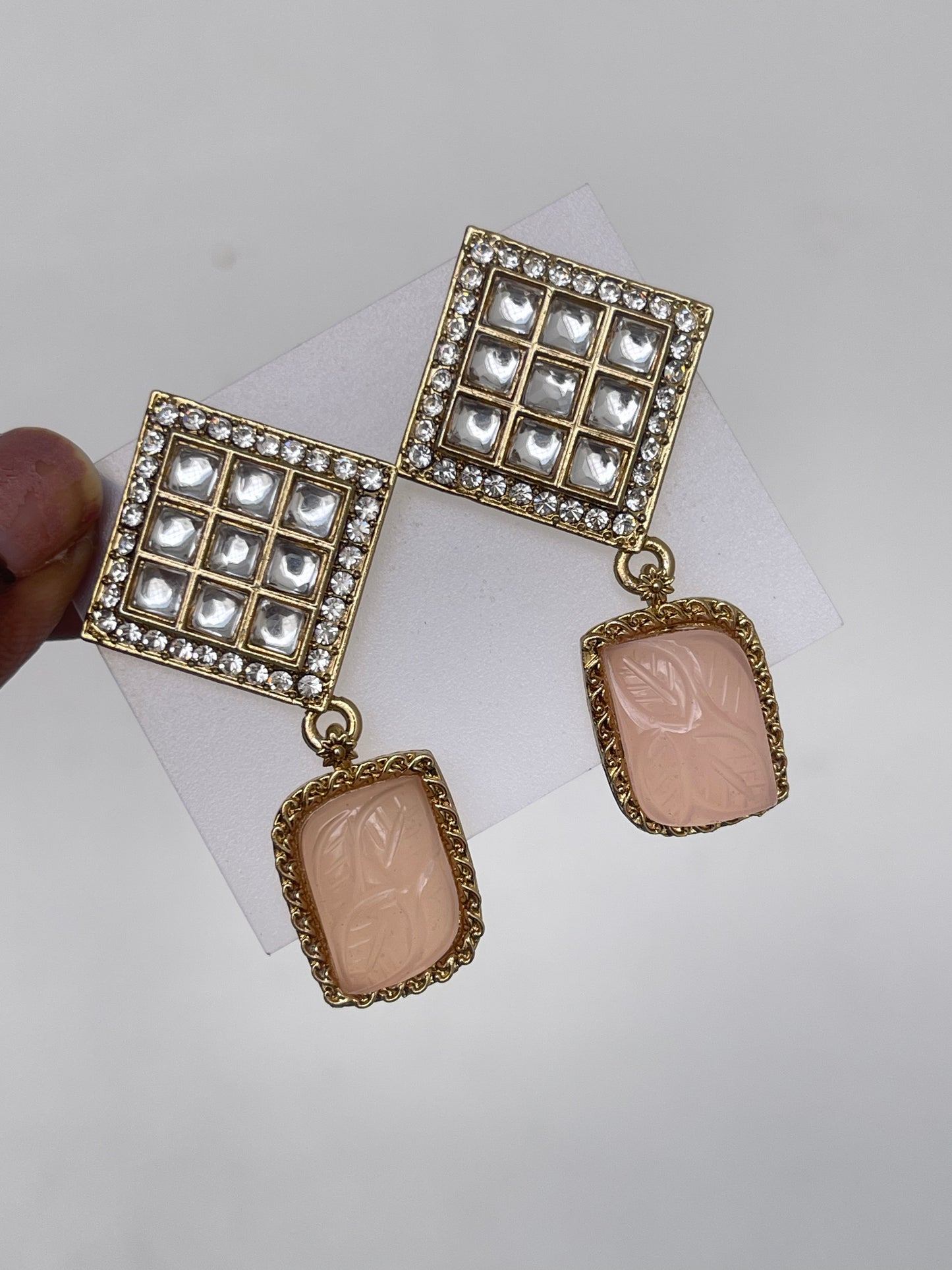 Reverse square Kundan stud with stone hanging