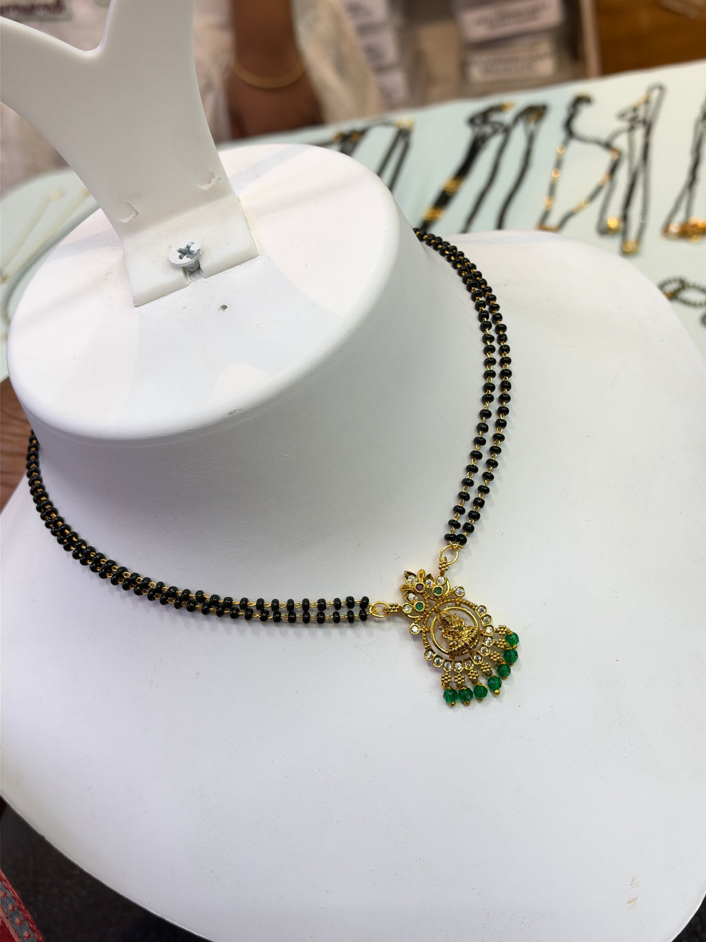 Lakshmidevi green stone two line black beads 18 inches BB418