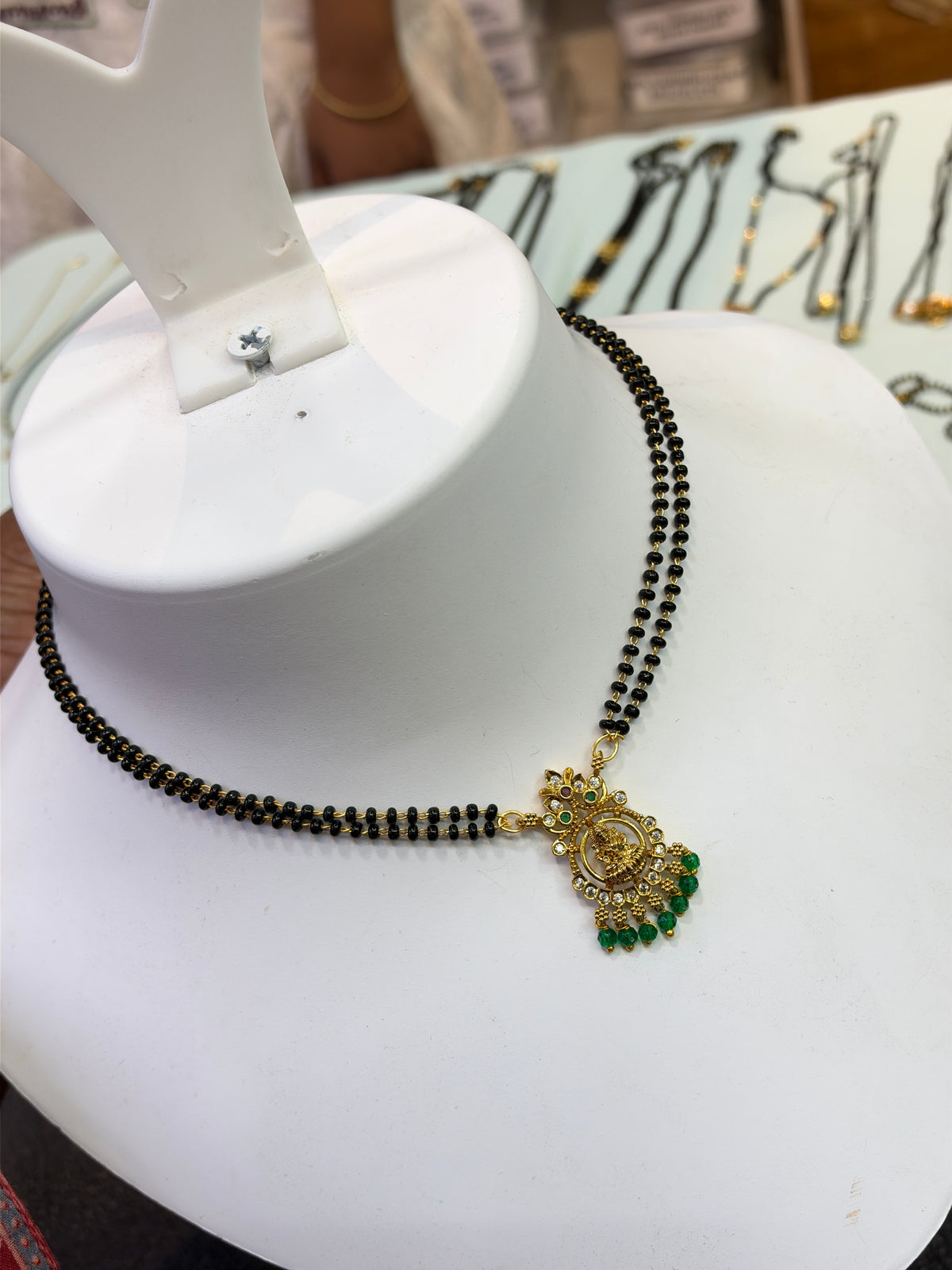Lakshmidevi green stone two line black beads 18 inches BB418