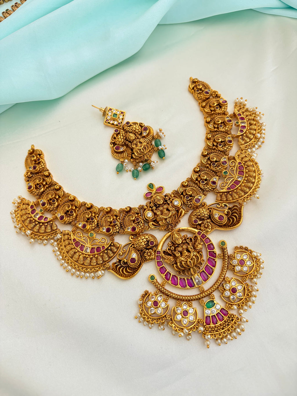 Nakshi Lakshmidevi Ruby Neckset of Pearl drops with Earrings Ns881