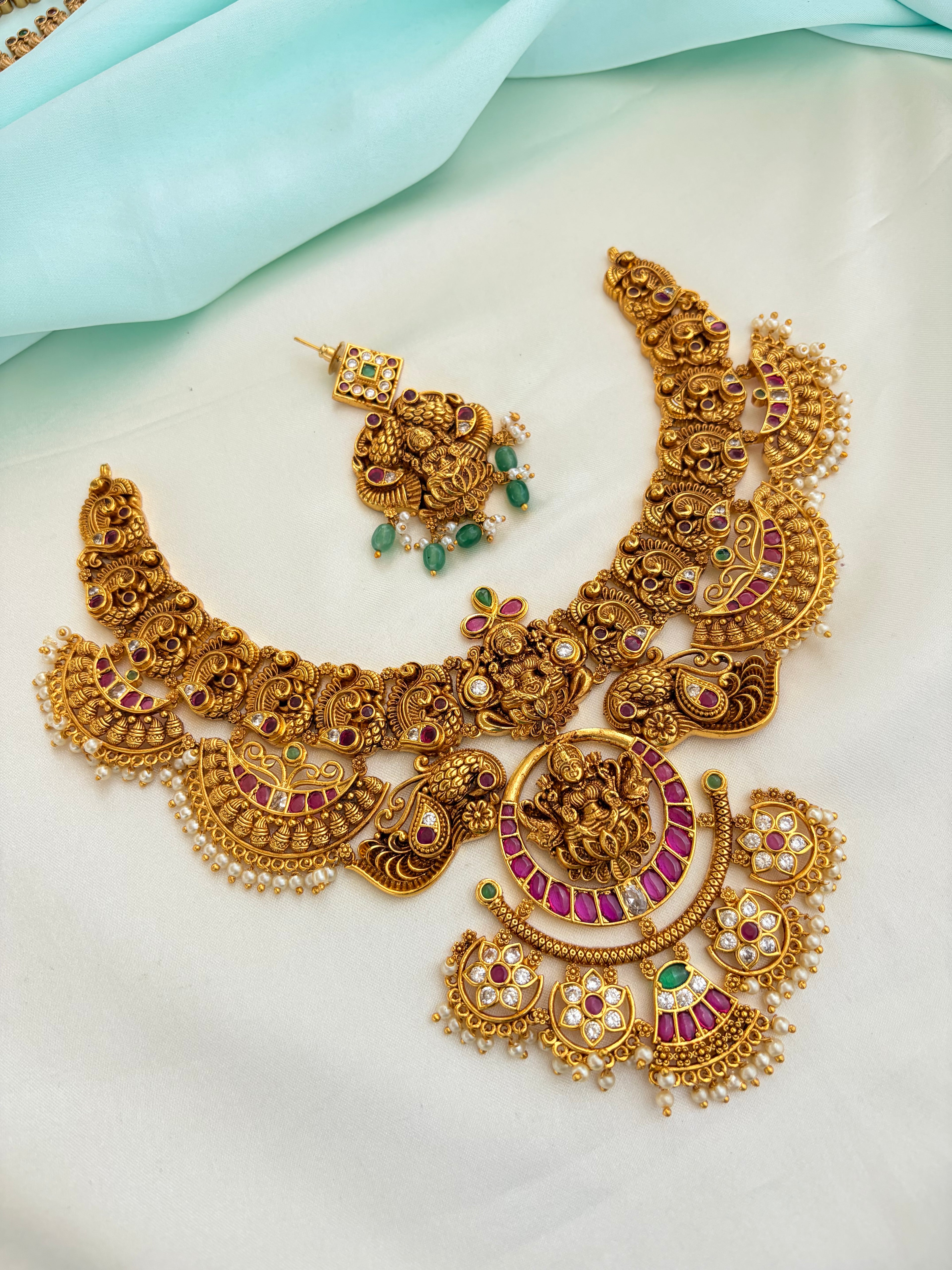 Nakshi Lakshmidevi Ruby Neckset of Pearl drops with Earrings Ns881