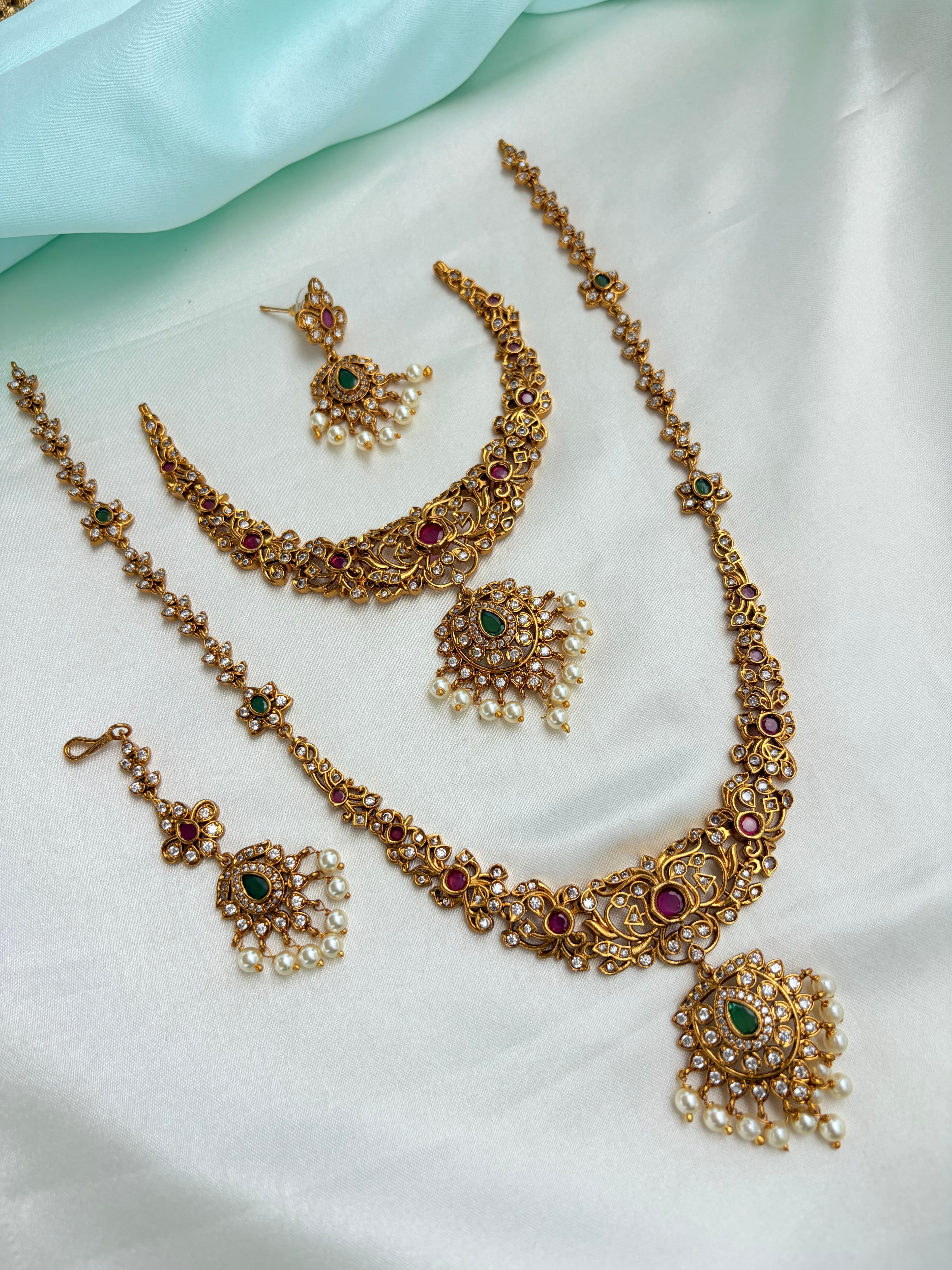 Ruby and Green Short Neckset and Long haram with Earrings and Tikka Ns837