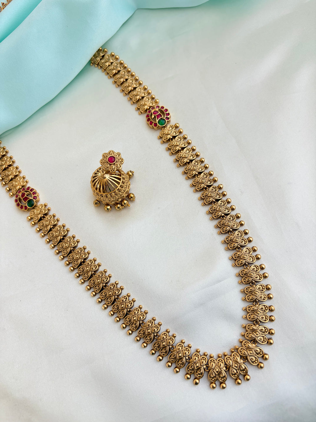 Peacock type Ruby long haram with Earrings Ns954
