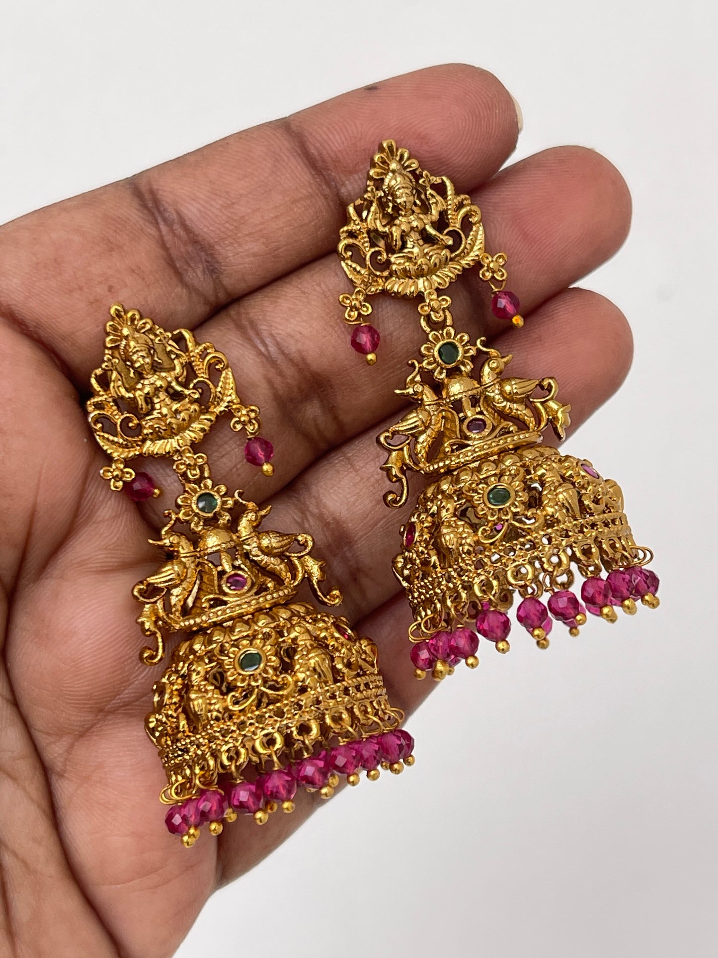 Lakshmi Devi green pink beads earrings