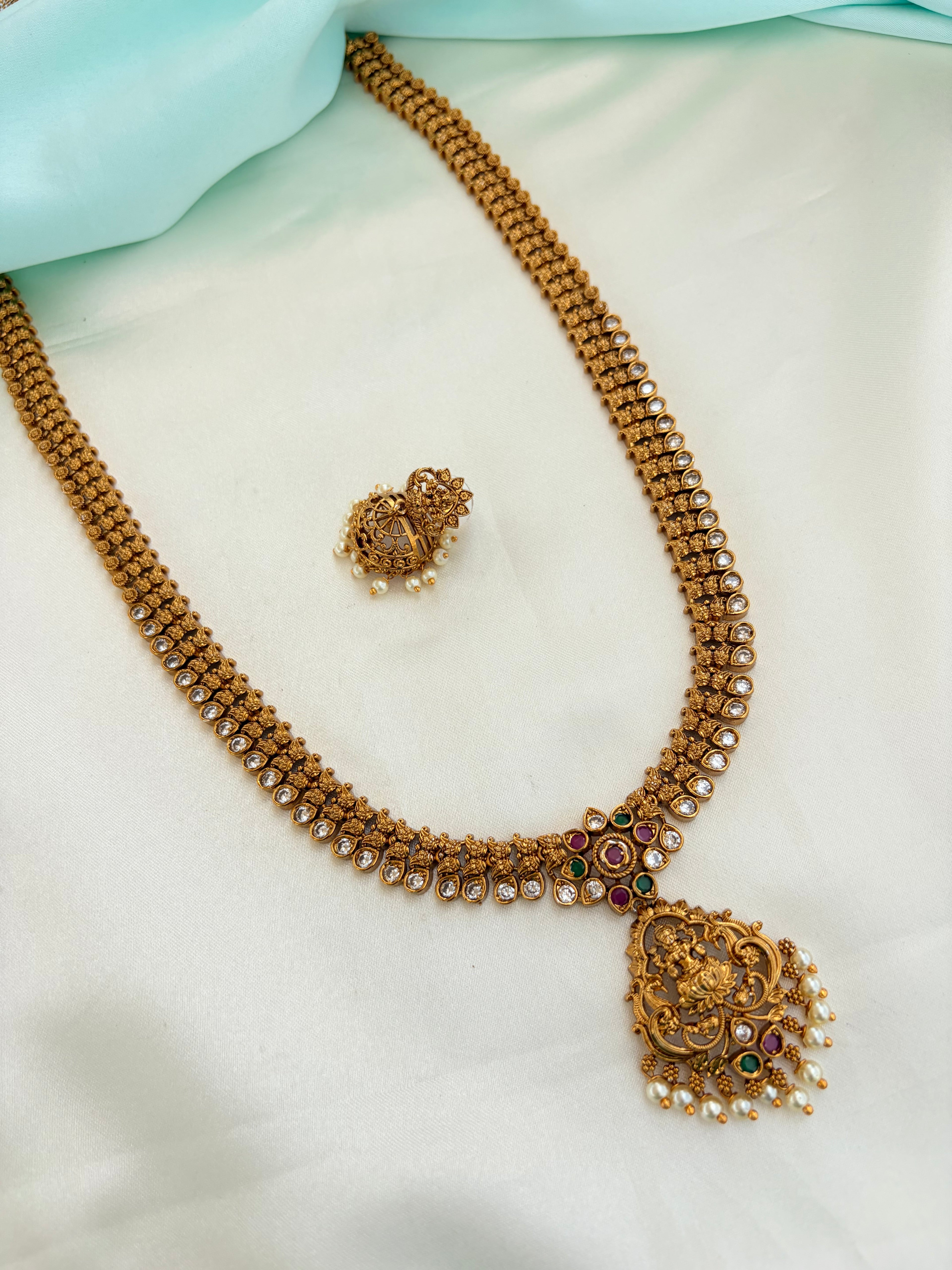 Antique Gold Lakshmidevi Long Haram Neckset with Pearl Drops with Earrings Lh599