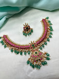 Jadau Kundan neckset with green stone finished earrings Ns958