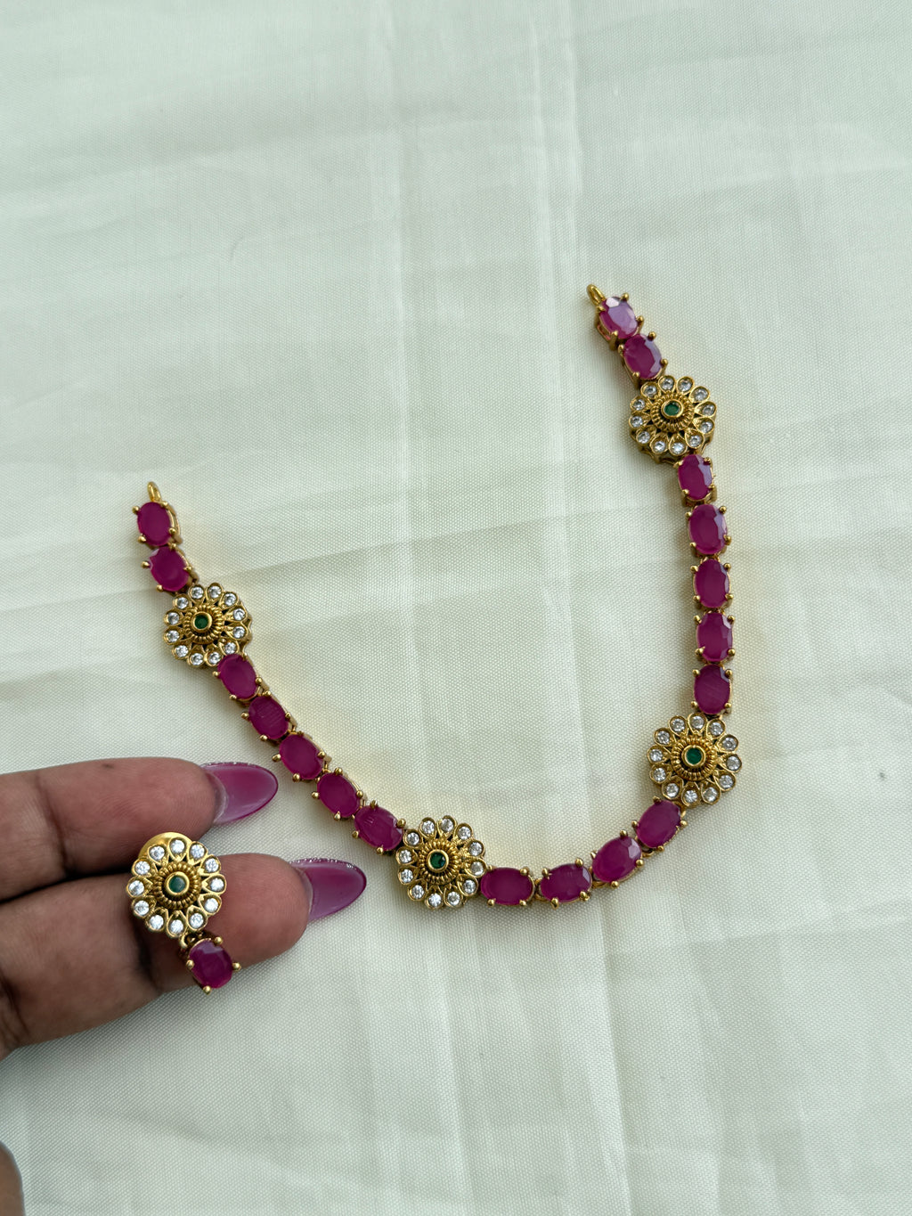 Ns273 pink stone flower necklace with earrings