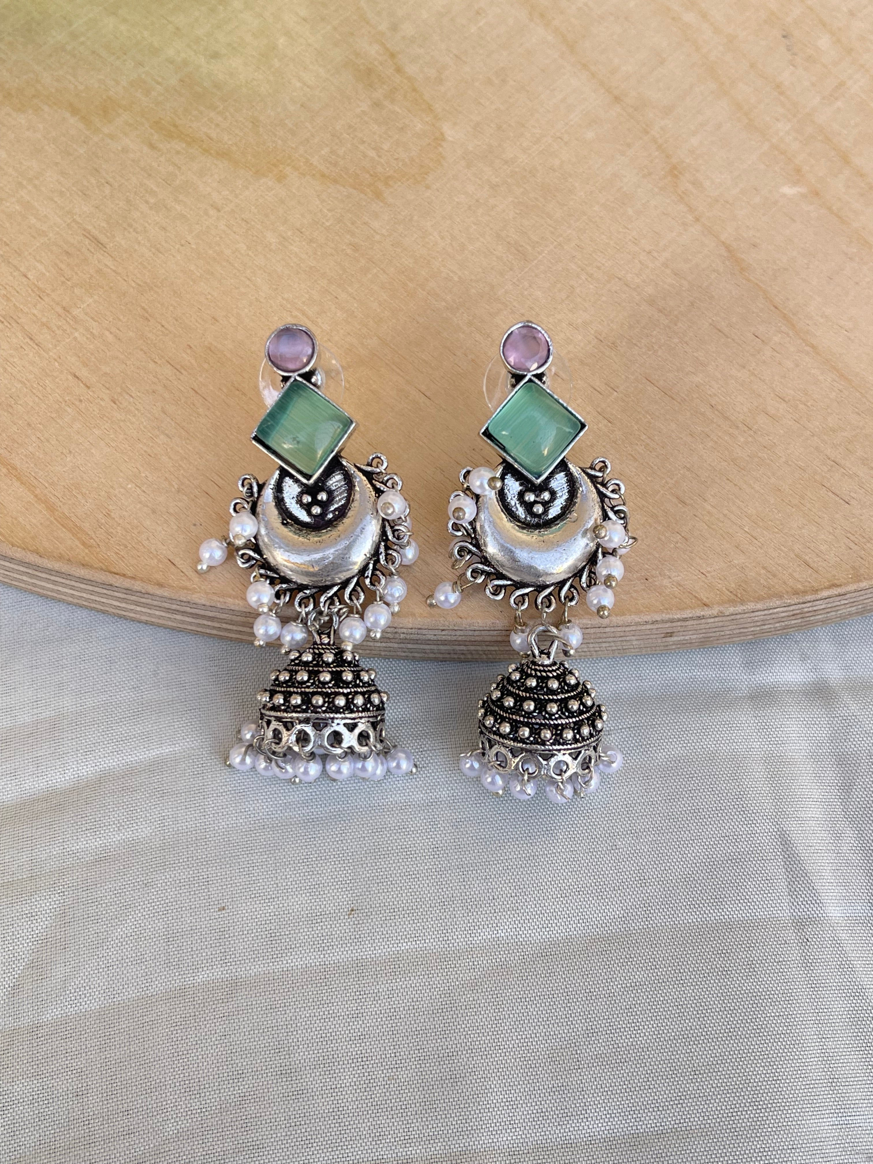 Lightweight chandbutta oxidised pearl hanging earrings