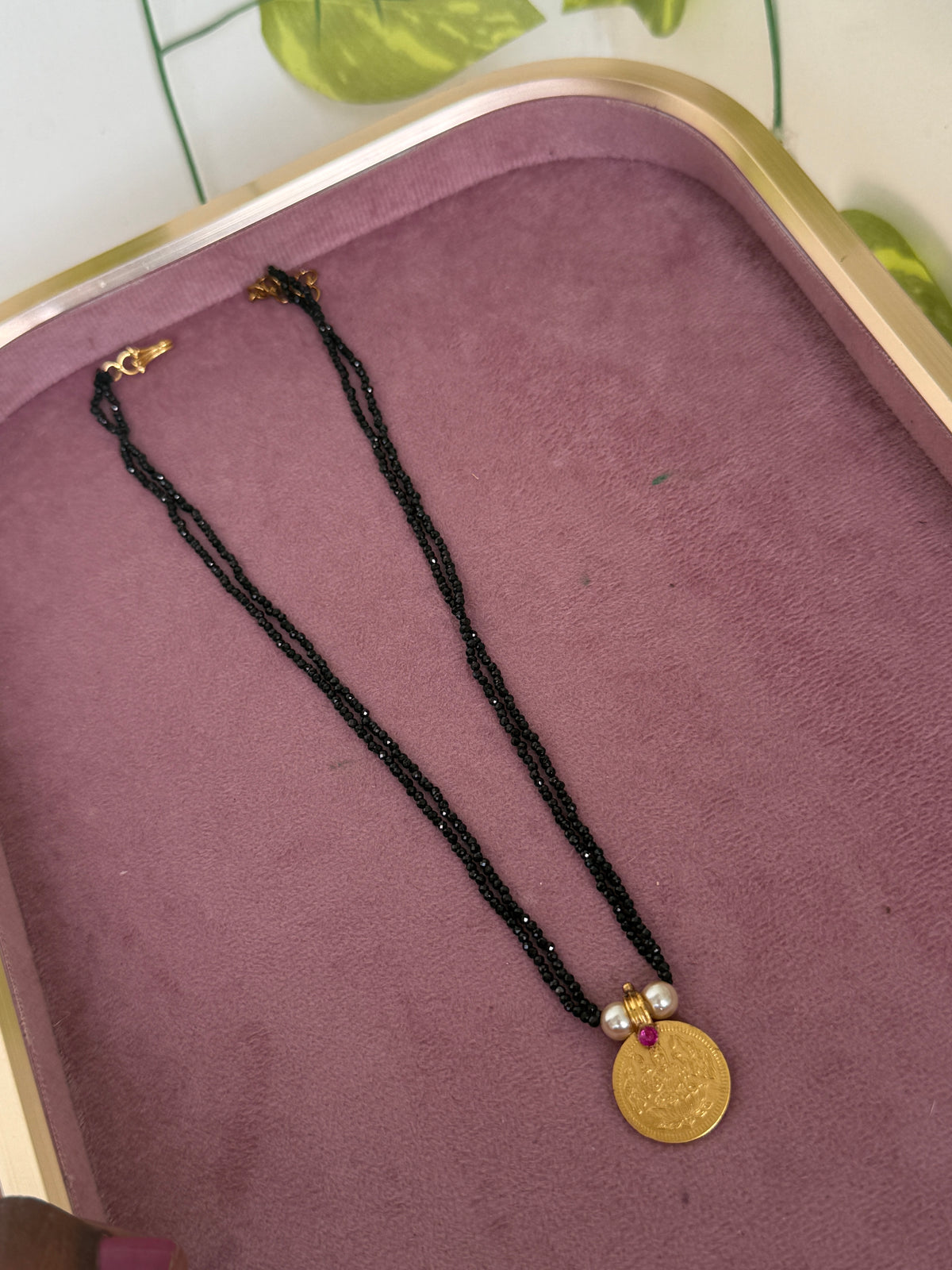 Crystal beads 2 layers with Panchaloham kasu pendant 16 inches black beads bb360