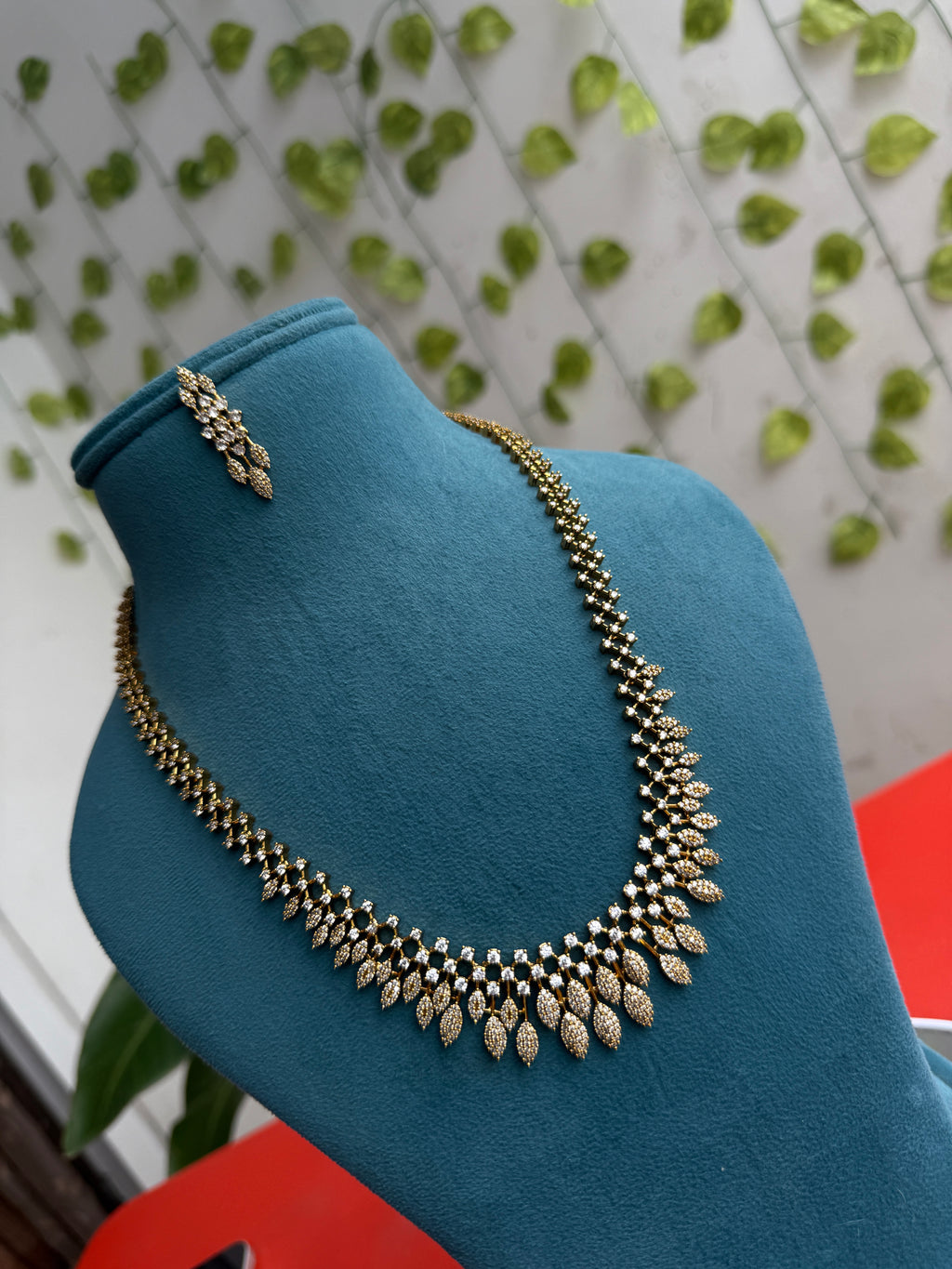 Elegant Diamond Leaf finish long haram with earrings ns874