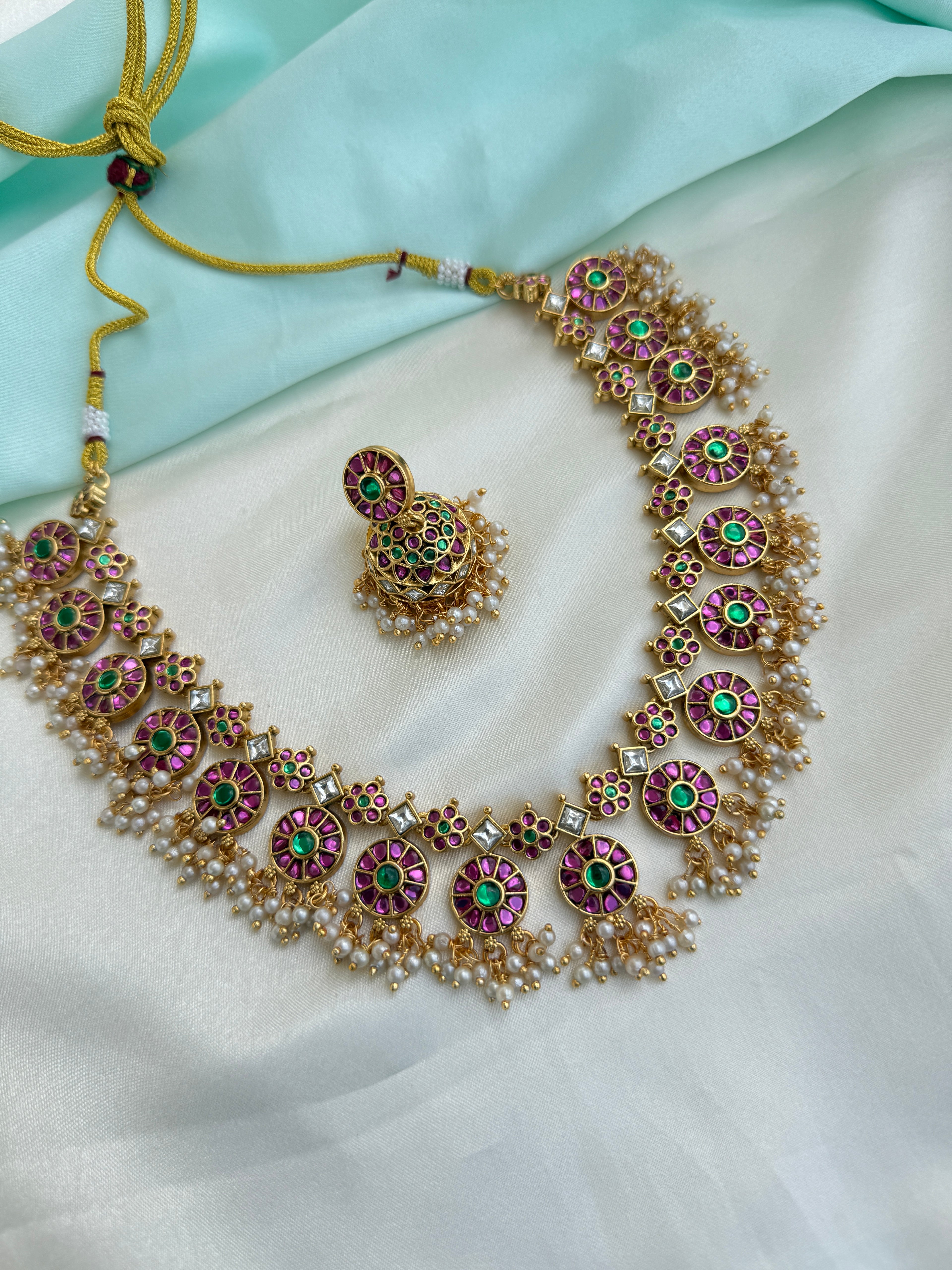 Ruby emerald floral heritage Neckset with butta earrings ns283
