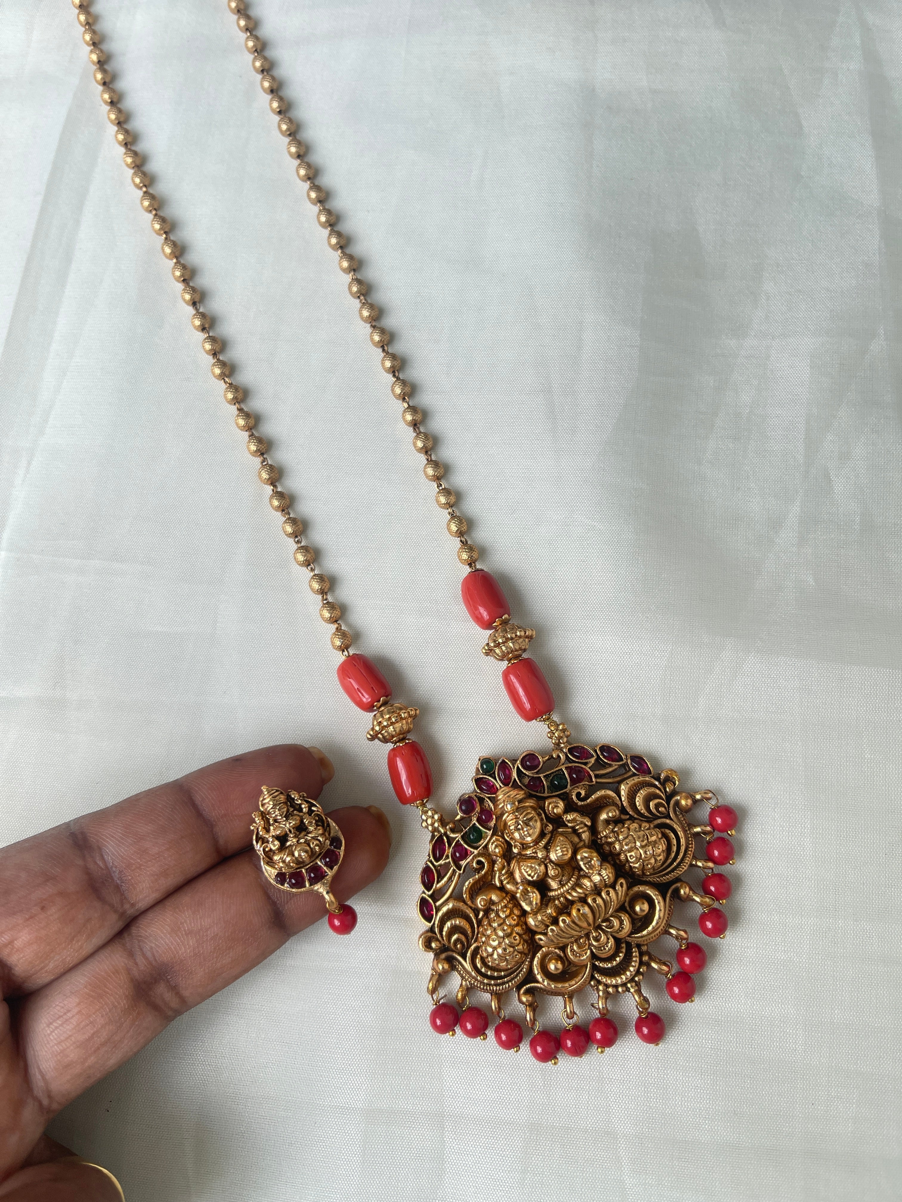 Corals Lakshmi devi pendant ball chain with earrings cc001