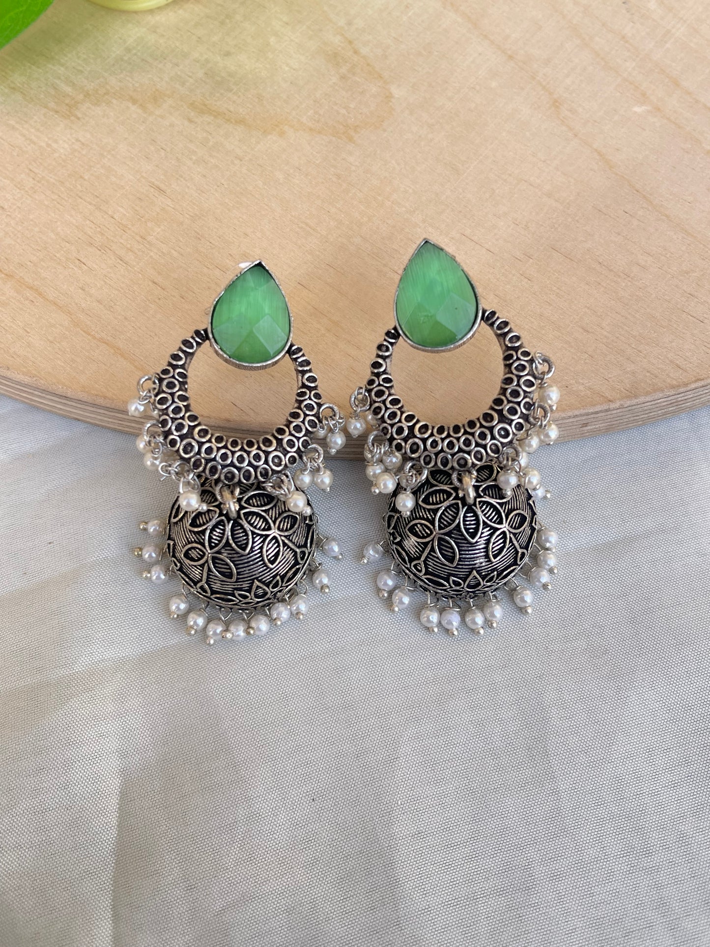 Chand butta pearl oxidised hanging lightweight earrings