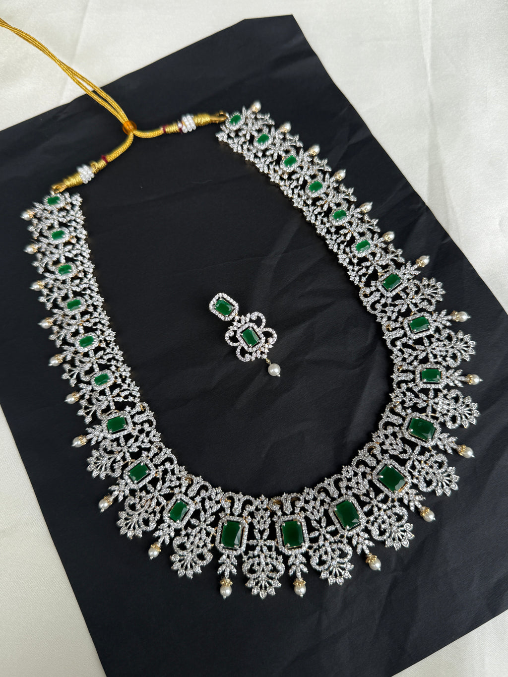 LH2032 diamond finish emerald stone long haram Neckset with earrings