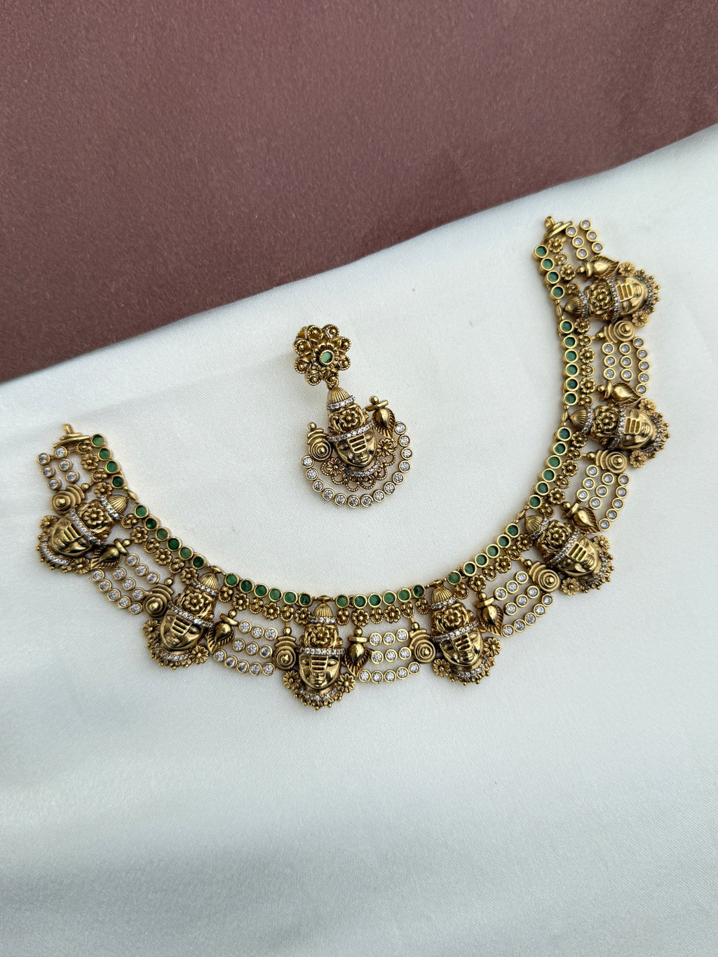 NS348 Lord Venkateshwara Neckset with earrings in green stones