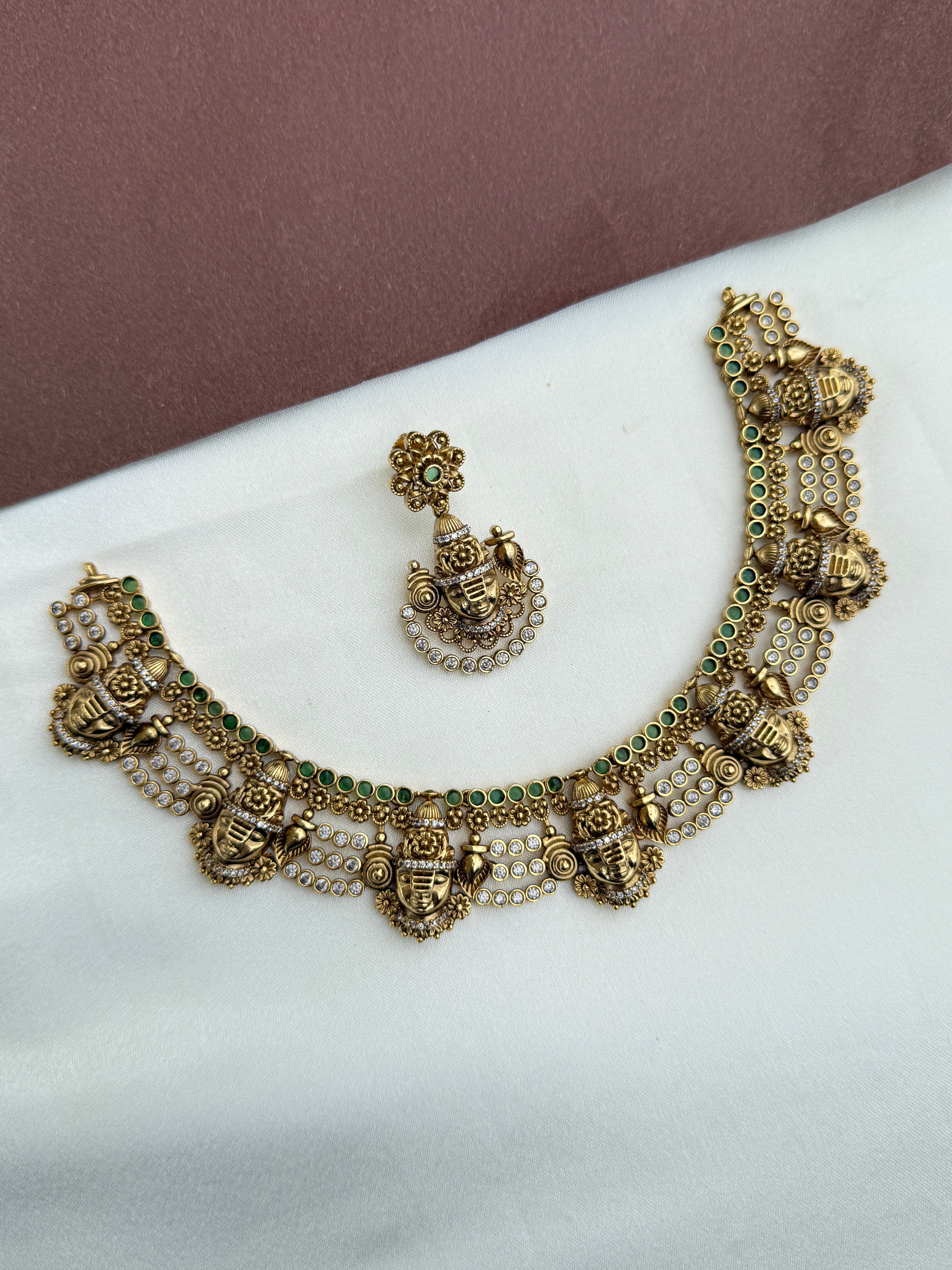 NS348 Lord Venkateshwara Neckset with earrings in green stones