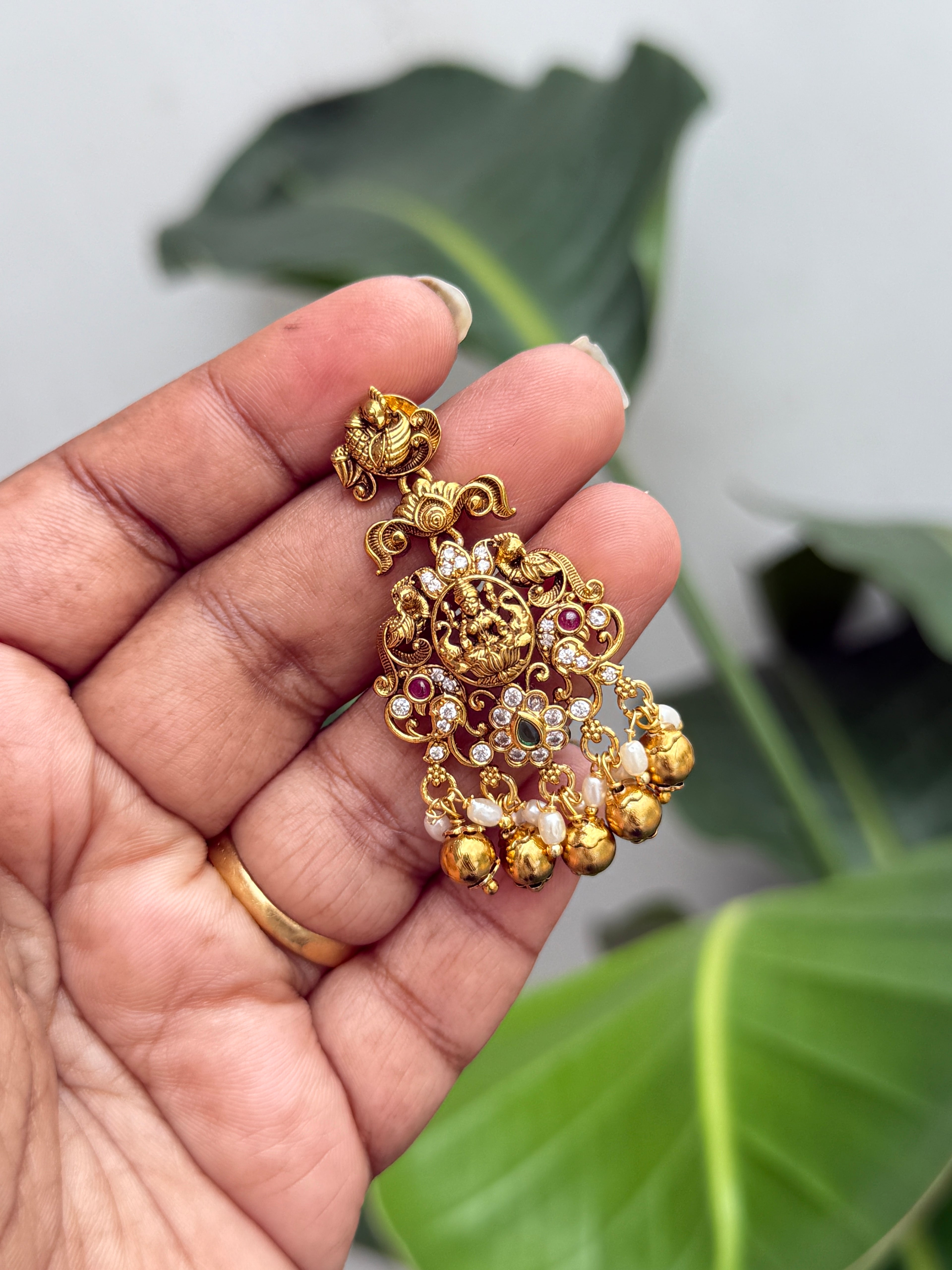 Er89 gold balls Lakshmi Devi chandbali earrings