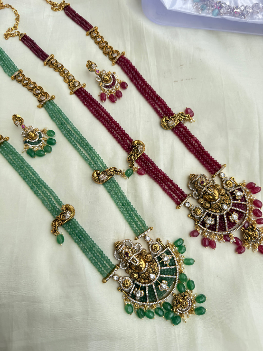 Lh2022 3 lines long beads with lord Venkateswara Swamy pendant and earrings