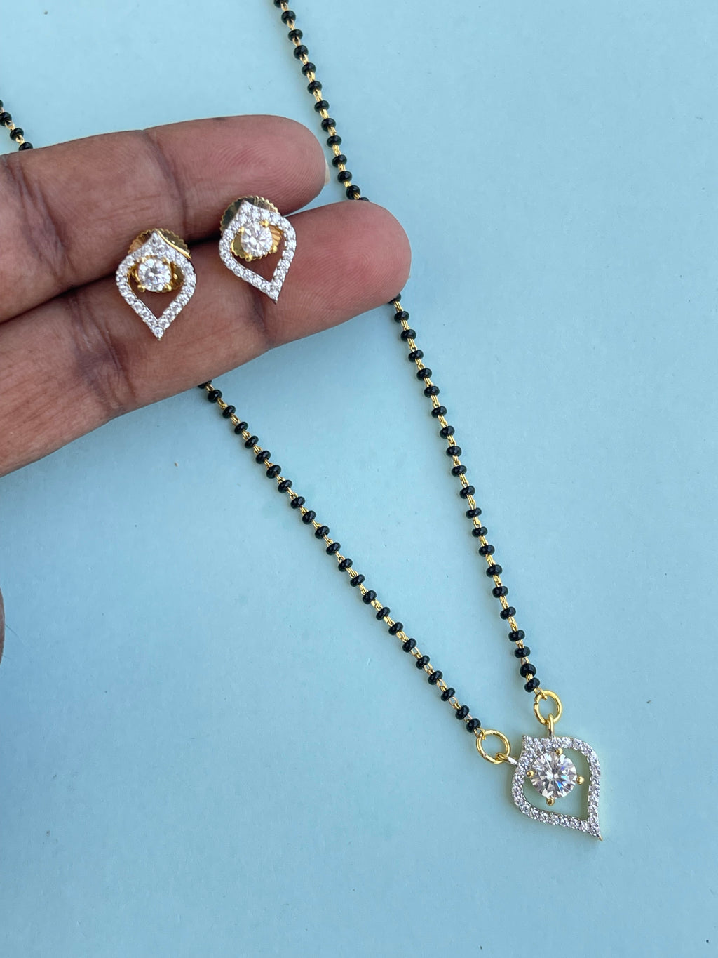 Diamond pendant with earrings single line blackbeads (mangalsutra) bb1638