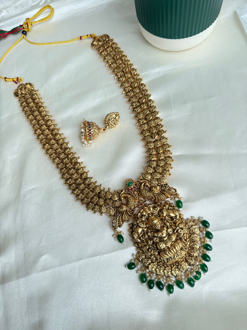 Lh594 heavy lakshmidevi green beads long haram(30 gms weight )