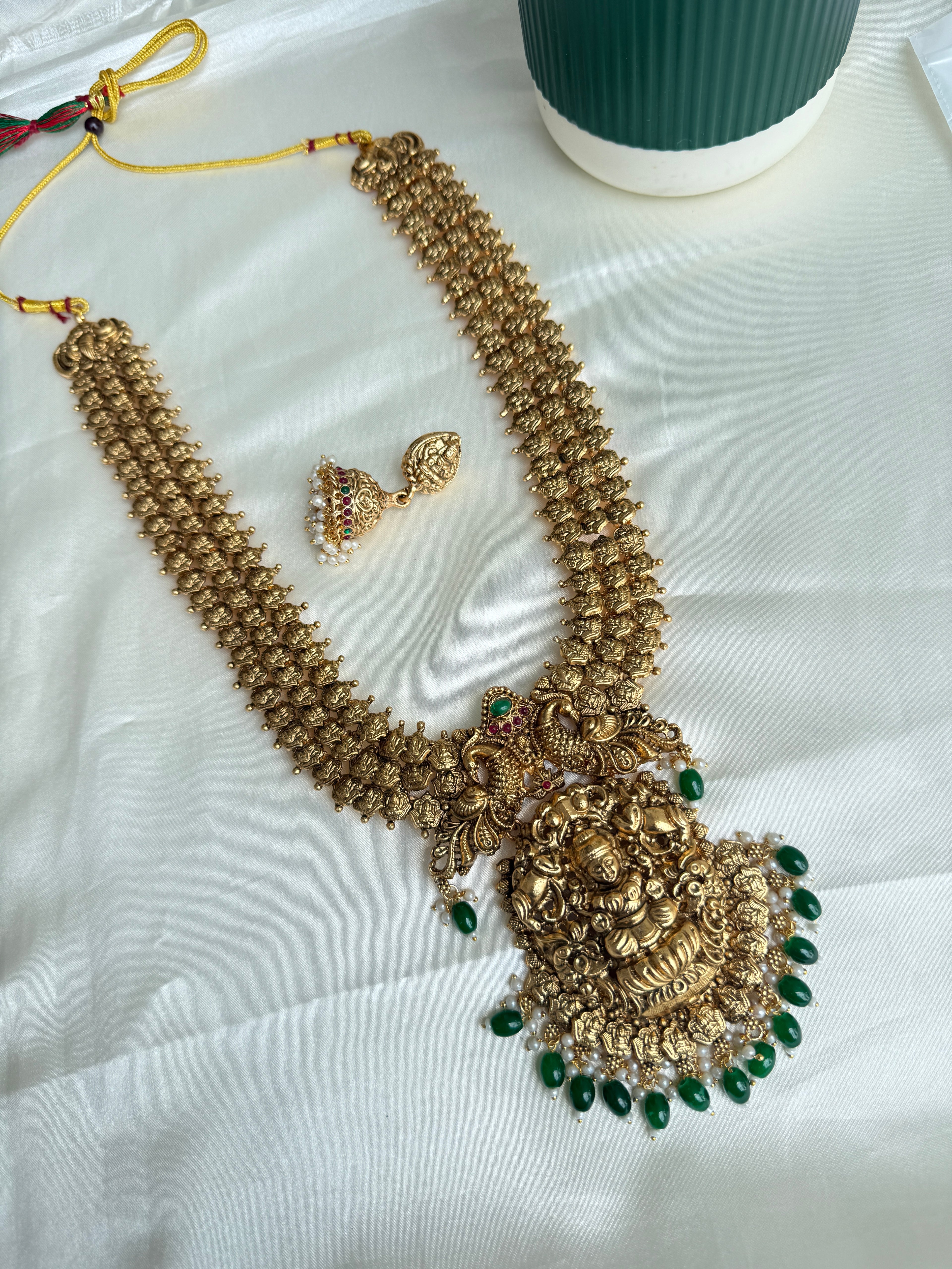 Lh594 heavy lakshmidevi green beads long haram(30 gms weight )