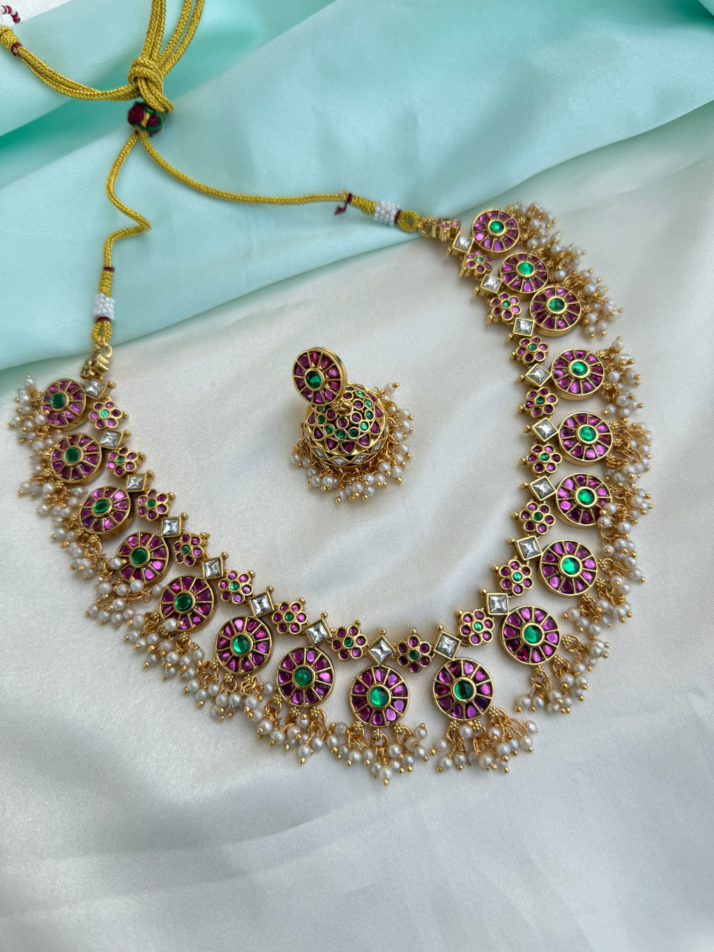 Ruby emerald floral heritage Neckset with butta earrings ns283