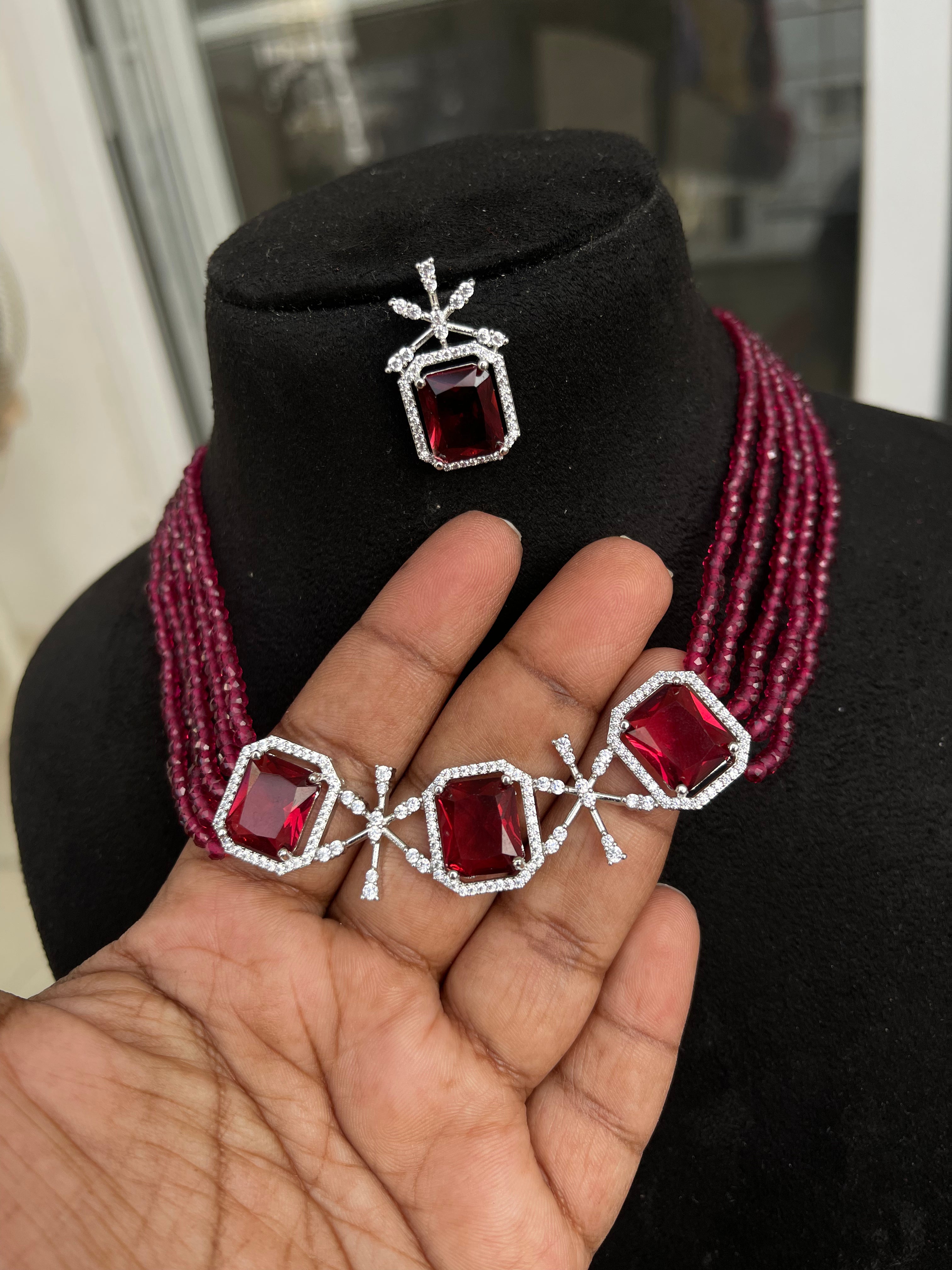 Beads Choker with Diamond Finish Pendent and Earrings pr008