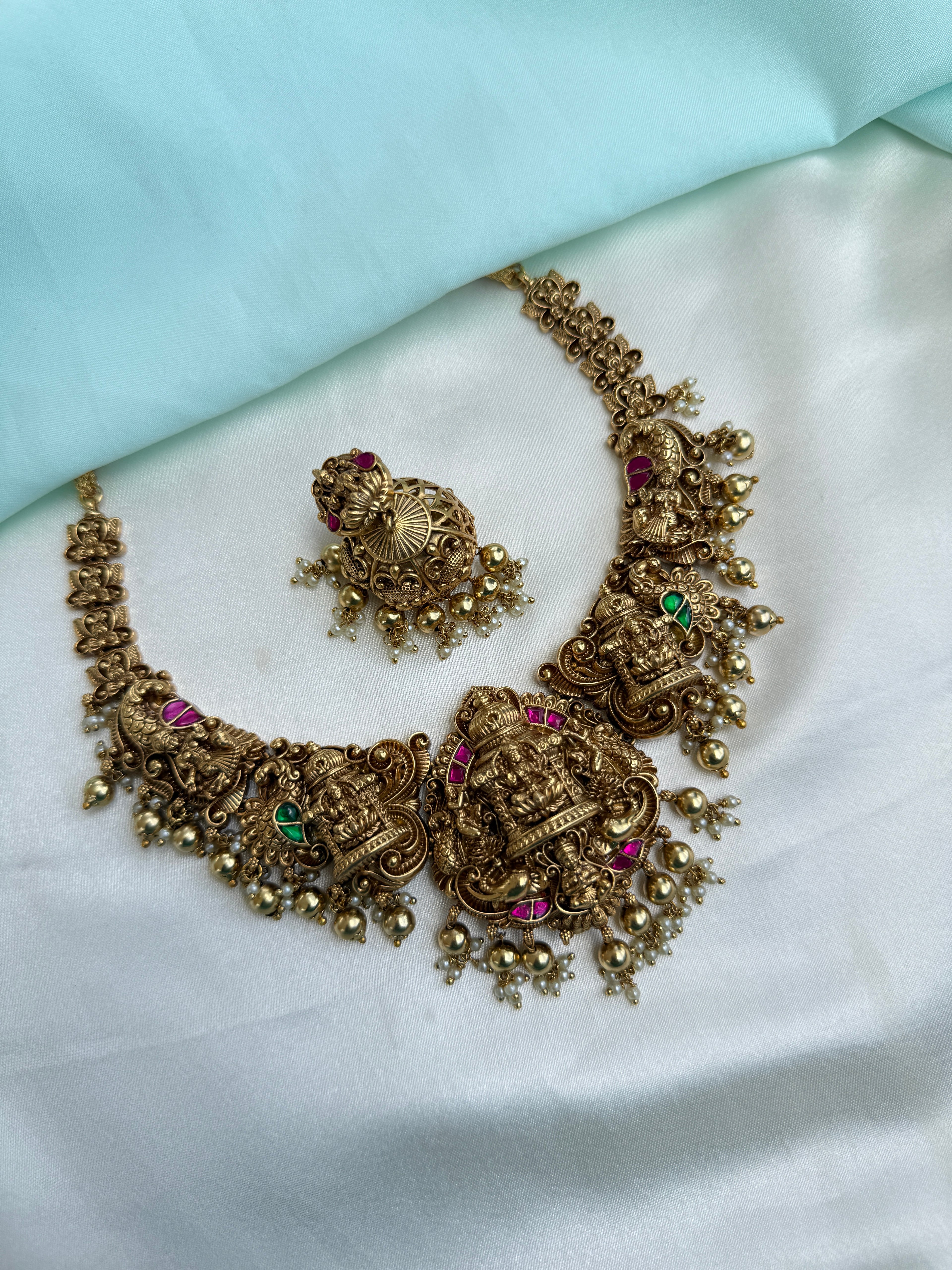 Jadau Kundan Lakshmi Devi with peacock short neckset with butts earrings ns288