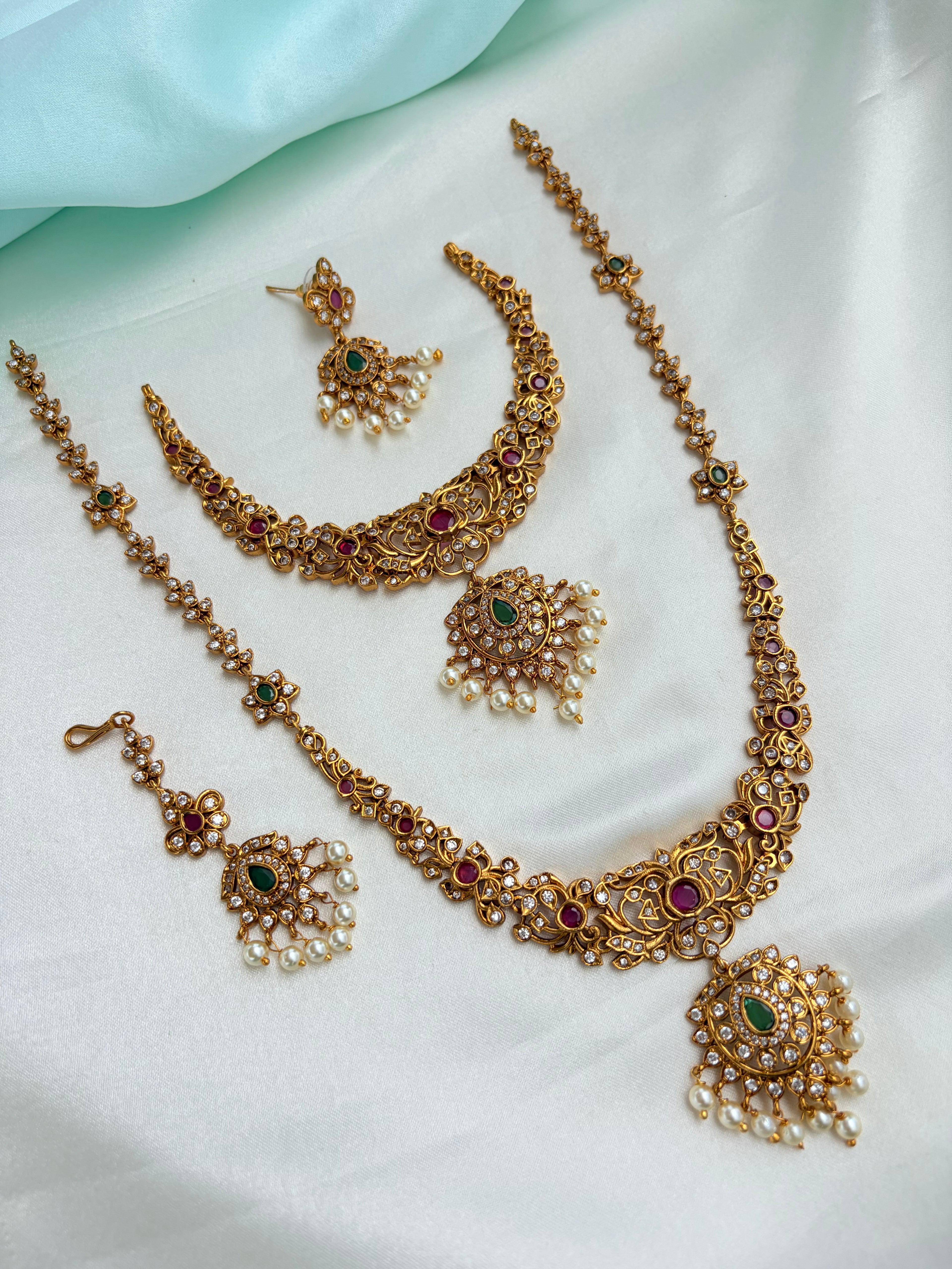 Ruby and Green Short Neckset and Long haram with Earrings and Tikka Ns837