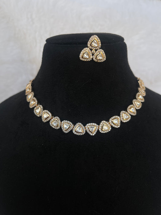 Triangle Moissanite kundan premium neckset with earrings