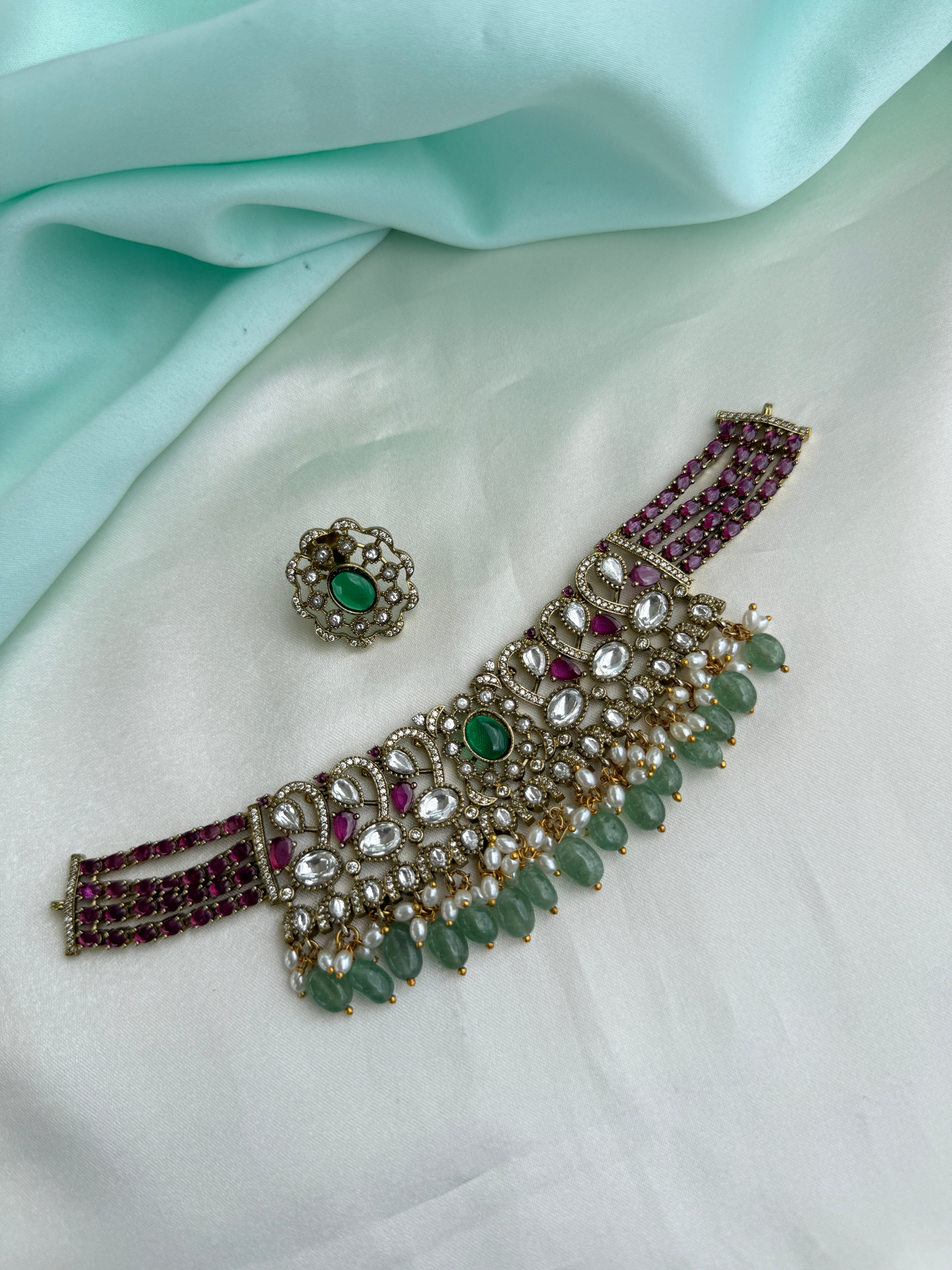 Emerald Ruby Kundan Pearl Drop Choker neckSet ns218