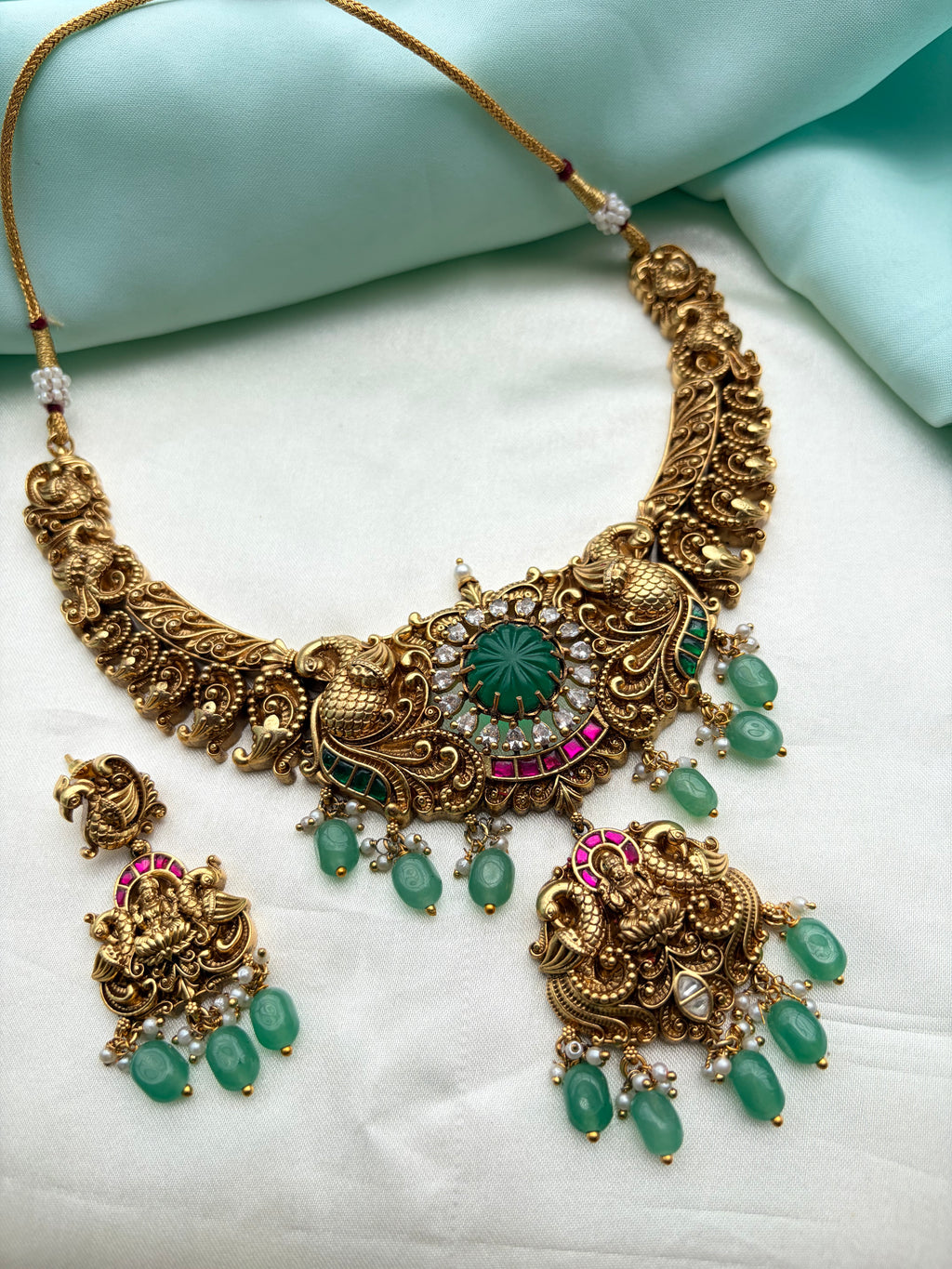 Emerald Lakshmidevi peacock jadau Kundan short neckset with earrings ns955